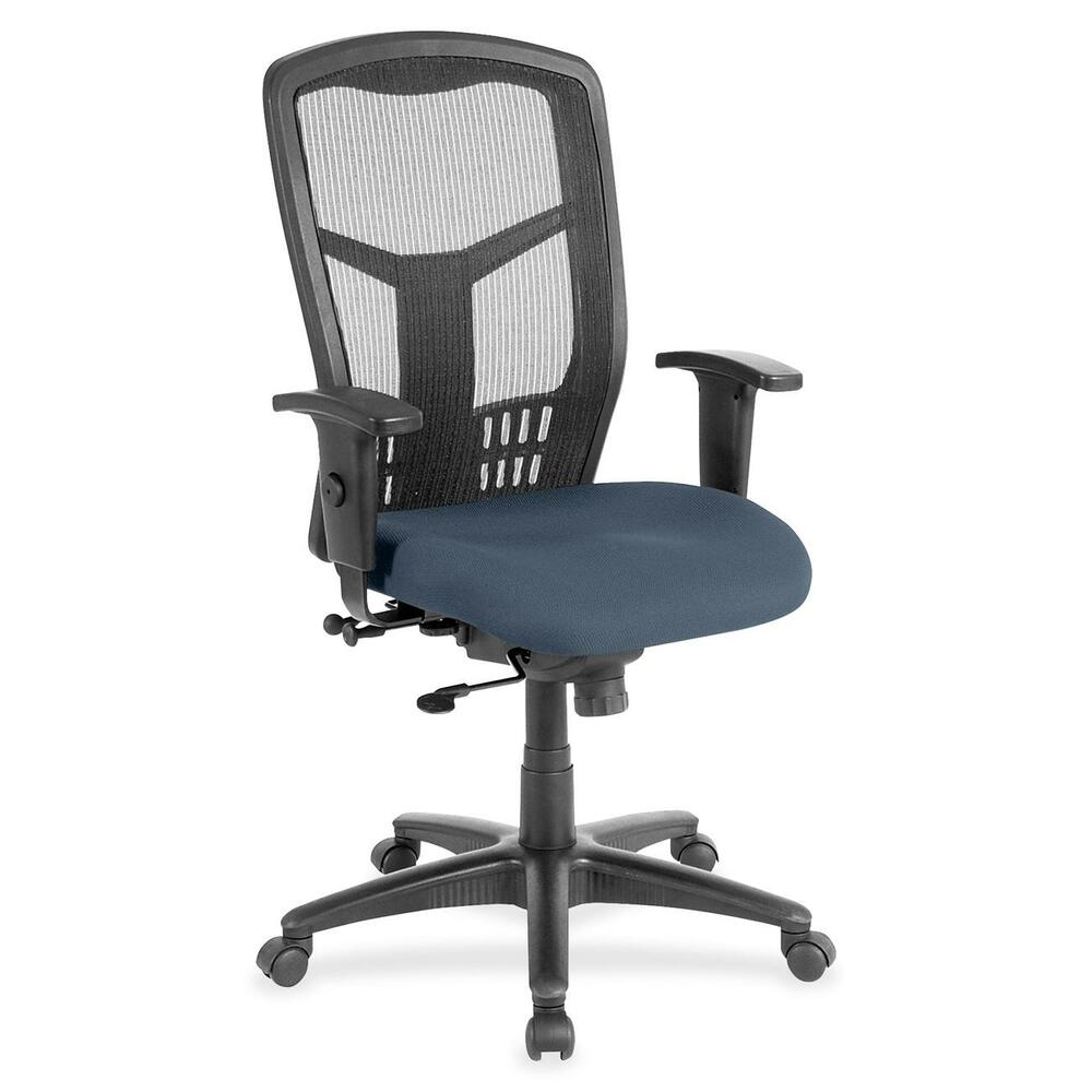 LLR8620584 - Executive High-back Swivel Chair cradles you during a hard day at work. Ergonomic mesh back supports the natural curvature of your back for less strain during work at the computer or meetings at your desk. Synchronized control tilt reclines the back at a 2-to-1 ratio to the seat angle so you can find the perfect position and relax. Adjust the seat at the depth you need with the seat-glide mechanism. It allows the cushioned, upholstered seat to travel forward, back and lock into your preferred position. Arms with polyurethane padding adjust in height and width. Other functions include pneumatic seat-height adjustment from 18" to 21-1/2" , 360-degree swivel and tilt tension. Five-star nylon base is equipped with smooth-rolling casters for easily moving the chair where needed. Weight capacity is 275 lb. High-back chair meets the CA117 fire-retardant standard.