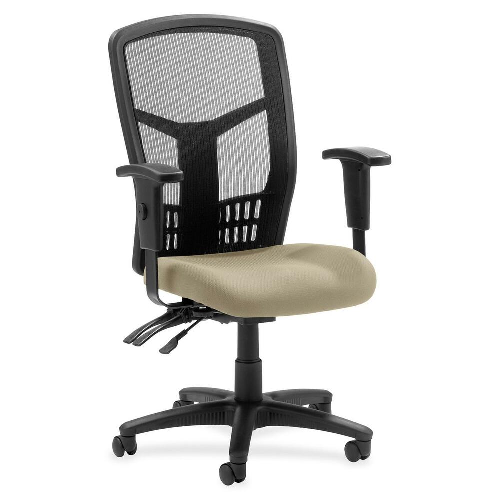 LLR8620045 - Executive High-back Mesh Chair cradles you during a hard day at work with a breathable mesh back and upholstered seat. The ergonomic mesh back supports the natural curvature of your back for less strain during work at the computer or meetings at your desk. Multifunction control adjusts seat and back angles independently with two levers for infinite locking within a fixed range. For more individualized comfort, arms adjust in height and width, and the seat height from floor adjusts from 17" to 21". High-back chair also swivels 360 degrees and tilts with the pivot point located directly above the center of the chair base. Five-star nylon base is equipped with smooth-rolling casters for easily moving the chair where needed. Weight capacity is 275 lb. High-back chair is available in black frame only and meets the CA117 fire-retardant standard.