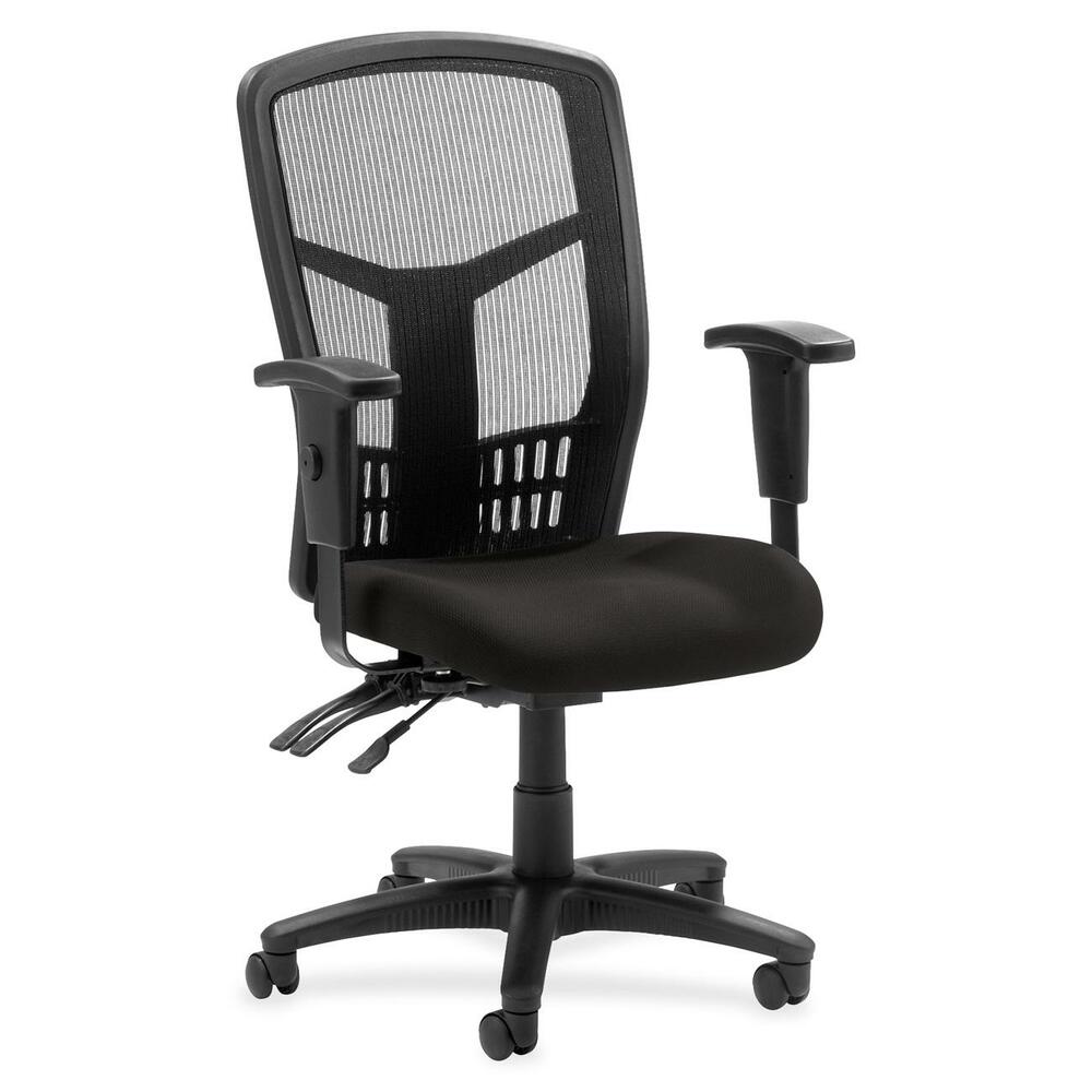 LLR8620063 - Executive High-back Mesh Chair cradles you during a hard day at work with a breathable mesh back and upholstered seat. The ergonomic mesh back supports the natural curvature of your back for less strain during work at the computer or meetings at your desk. Multifunction control adjusts seat and back angles independently with two levers for infinite locking within a fixed range. For more individualized comfort, arms adjust in height and width, and the seat height from floor adjusts from 17" to 21". High-back chair also swivels 360 degrees and tilts with the pivot point located directly above the center of the chair base. Five-star nylon base is equipped with smooth-rolling casters for easily moving the chair where needed. Weight capacity is 275 lb. High-back chair is available in black frame only and meets the CA117 fire-retardant standard.