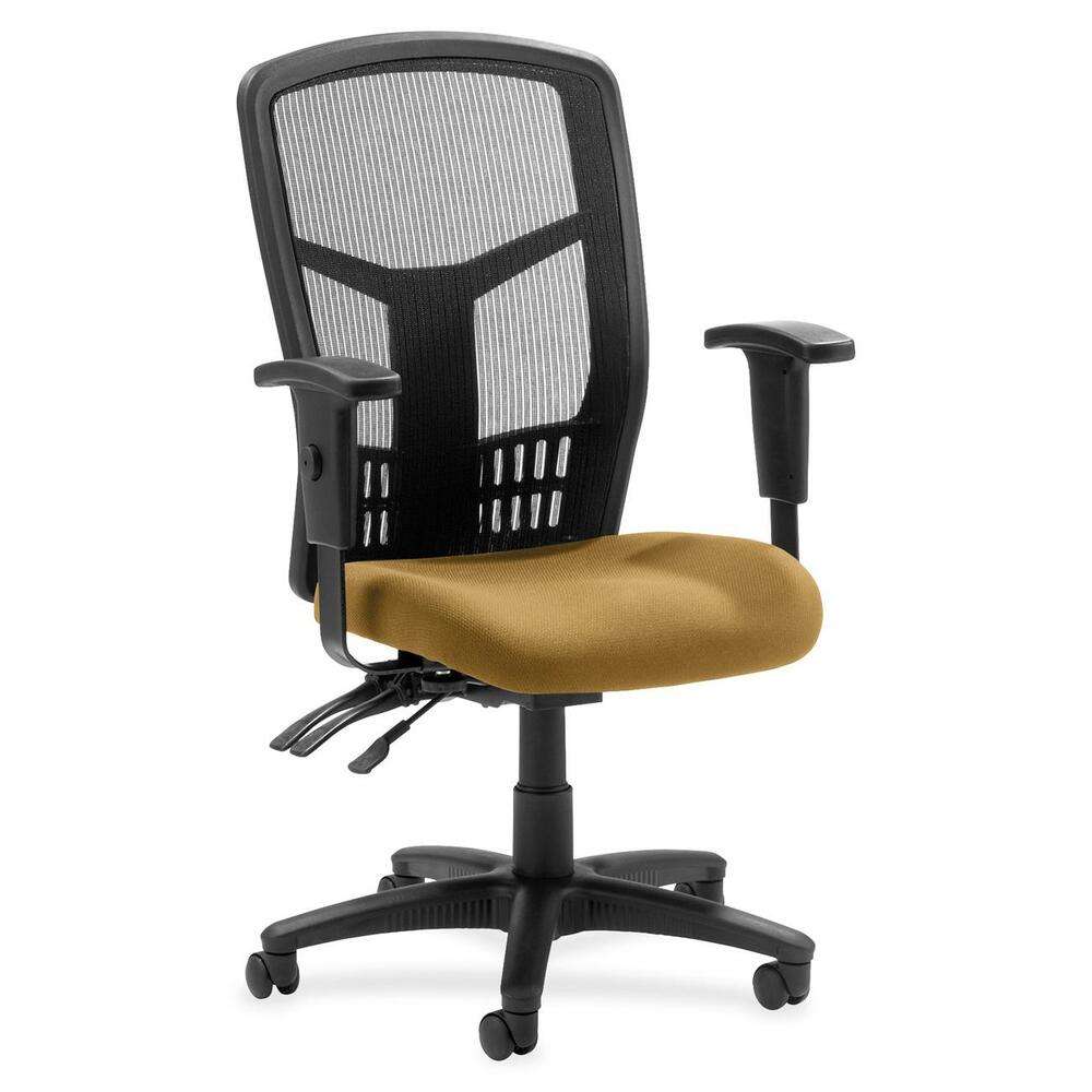 LLR8620029 - Executive High-back Mesh Chair cradles you during a hard day at work with a breathable mesh back and upholstered seat. The ergonomic mesh back supports the natural curvature of your back for less strain during work at the computer or meetings at your desk. Multifunction control adjusts seat and back angles independently with two levers for infinite locking within a fixed range. For more individualized comfort, arms adjust in height and width, and the seat height from floor adjusts from 17" to 21". High-back chair also swivels 360 degrees and tilts with the pivot point located directly above the center of the chair base. Five-star nylon base is equipped with smooth-rolling casters for easily moving the chair where needed. Weight capacity is 275 lb. High-back chair is available in black frame only and meets the CA117 fire-retardant standard.
