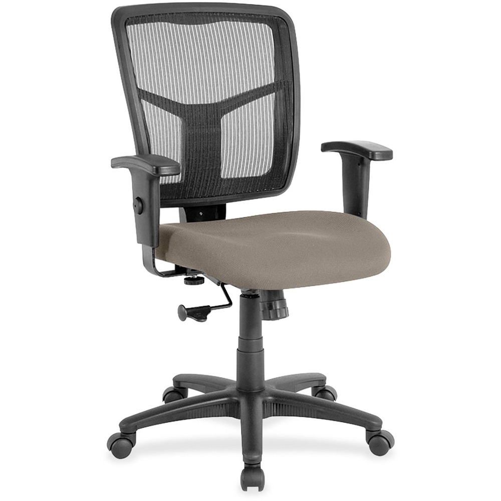 LLR8620951 - Managerial mid-back chair features a breathable mesh back chair and upholstered seat. Mesh upholstery is made of high-strength elastic nylon. Ergonomically designed mid-back matches the natural curvature of a person's back. Arms adjust in height (25" to 28-7/10") and in width (24" to 26"). Functions include pneumatic seat-height adjustment (17-7/10" to 21" high from the floor), 360-degree swivel and swivel tilt mechanism. Black frame has five-star, reinforced nylon base (25" diameter) with casters for easy mobility. Seat size is 20" wide x 18-7/10" depth. Back measures 20" wide (at the widest portion) x 19-7/10" high. Weight capacity is 250 lb. Chair meets the CA117 fire-retardant standard.