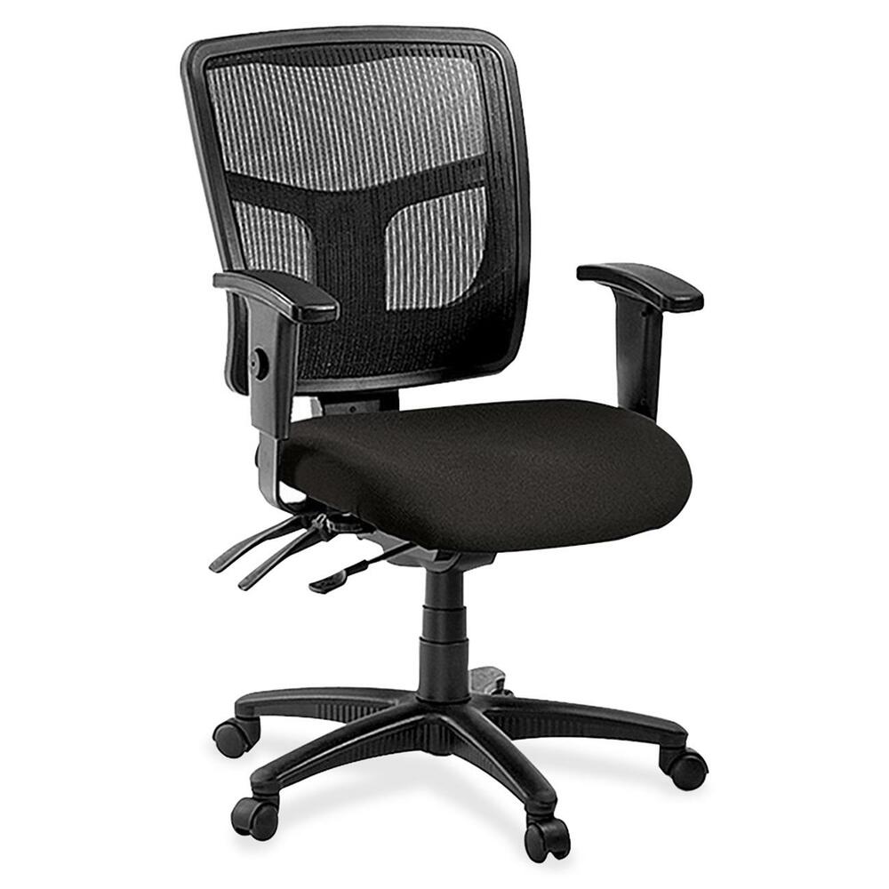 LLR8620163 - Managerial mid-back chair features a mesh back for conforming comfort. Ergonomic mid-back matches the natural curvature of a person's back. Arms adjust in height and width. Mid-back chair also offers a five-star nylon base, pneumatic seat-height adjustment (17" to 20-9/10" high from the floor), 360-degree swivel, back-height adjustment, tilt and asynchronous three-lever control. Frame is available in black only. Chair meets the CA117 fire-retardant standard and offers an abrasion rating of 60,000 double rubs (ASTM-D-4175).