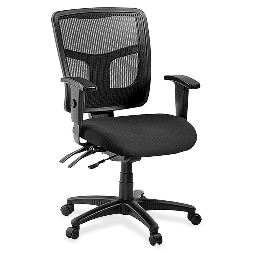 LLR8620135 - Managerial mid-back chair features a mesh back for conforming comfort. Ergonomic mid-back matches the natural curvature of a person's back. Arms adjust in height and width. Mid-back chair also offers a five-star nylon base, pneumatic seat-height adjustment (17" to 20-9/10" high from the floor), 360-degree swivel, back-height adjustment, tilt and asynchronous three-lever control. Frame is available in black only. Chair meets the CA117 fire-retardant standard and offers an abrasion rating of 60,000 double rubs (ASTM-D-4175).