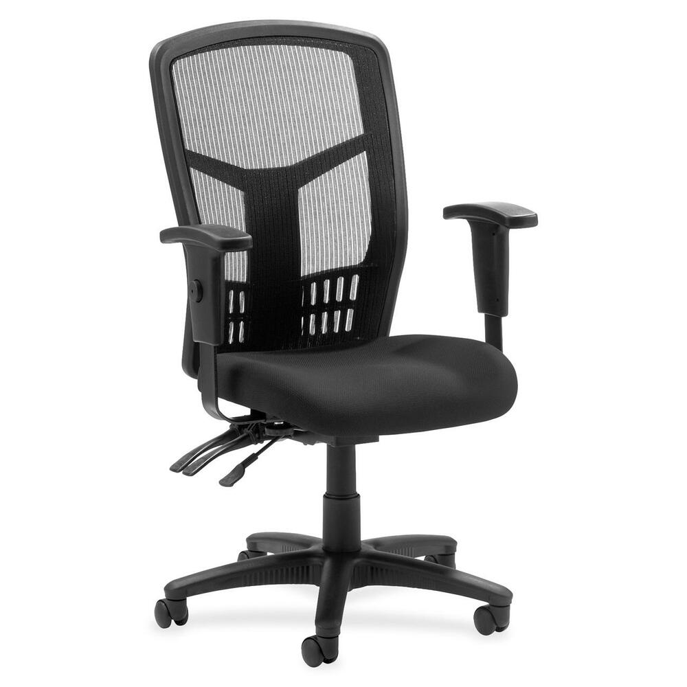 LLR8620035 - Executive High-back Mesh Chair cradles you during a hard day at work with a breathable mesh back and upholstered seat. The ergonomic mesh back supports the natural curvature of your back for less strain during work at the computer or meetings at your desk. Multifunction control adjusts seat and back angles independently with two levers for infinite locking within a fixed range. For more individualized comfort, arms adjust in height and width, and the seat height from floor adjusts from 17" to 21". High-back chair also swivels 360 degrees and tilts with the pivot point located directly above the center of the chair base. Five-star nylon base is equipped with smooth-rolling casters for easily moving the chair where needed. Weight capacity is 275 lb. High-back chair is available in black frame only and meets the CA117 fire-retardant standard.