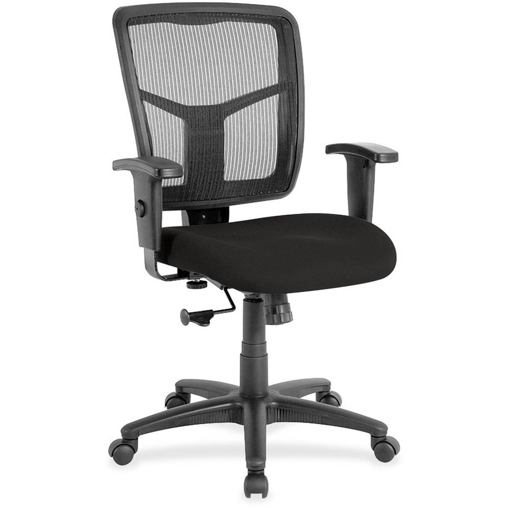 LLR8620963 - Managerial mid-back chair features a breathable mesh back chair and upholstered seat. Mesh upholstery is made of high-strength elastic nylon. Ergonomically designed mid-back matches the natural curvature of a person's back. Arms adjust in height (25" to 28-7/10") and in width (24" to 26"). Functions include pneumatic seat-height adjustment (17-7/10" to 21" high from the floor), 360-degree swivel and swivel tilt mechanism. Black frame has five-star, reinforced nylon base (25" diameter) with casters for easy mobility. Seat size is 20" wide x 18-7/10" depth. Back measures 20" wide (at the widest portion) x 19-7/10" high. Weight capacity is 250 lb. Chair meets the CA117 fire-retardant standard.