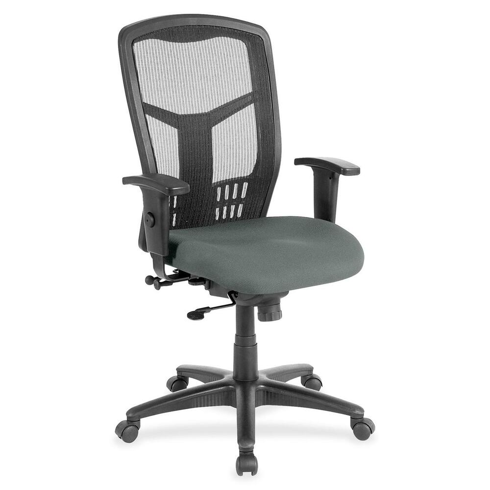 LLR8620532 - Executive High-back Swivel Chair cradles you during a hard day at work. Ergonomic mesh back supports the natural curvature of your back for less strain during work at the computer or meetings at your desk. Synchronized control tilt reclines the back at a 2-to-1 ratio to the seat angle so you can find the perfect position and relax. Adjust the seat at the depth you need with the seat-glide mechanism. It allows the cushioned, upholstered seat to travel forward, back and lock into your preferred position. Arms with polyurethane padding adjust in height and width. Other functions include pneumatic seat-height adjustment from 18" to 21-1/2" , 360-degree swivel and tilt tension. Five-star nylon base is equipped with smooth-rolling casters for easily moving the chair where needed. Weight capacity is 275 lb. High-back chair meets the CA117 fire-retardant standard.