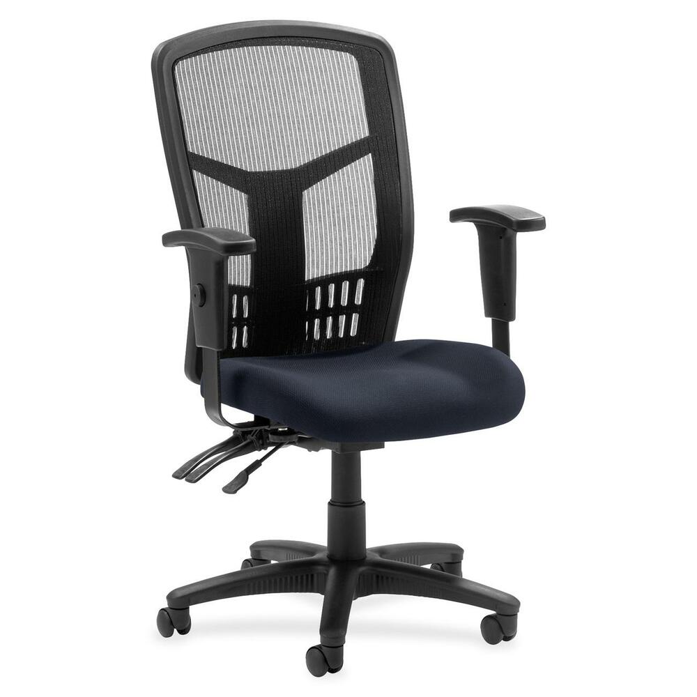 LLR8620066 - Executive High-back Mesh Chair cradles you during a hard day at work with a breathable mesh back and upholstered seat. The ergonomic mesh back supports the natural curvature of your back for less strain during work at the computer or meetings at your desk. Multifunction control adjusts seat and back angles independently with two levers for infinite locking within a fixed range. For more individualized comfort, arms adjust in height and width, and the seat height from floor adjusts from 17" to 21". High-back chair also swivels 360 degrees and tilts with the pivot point located directly above the center of the chair base. Five-star nylon base is equipped with smooth-rolling casters for easily moving the chair where needed. Weight capacity is 275 lb. High-back chair is available in black frame only and meets the CA117 fire-retardant standard.