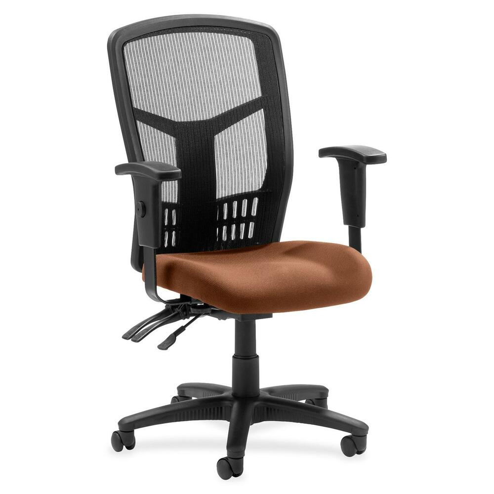 LLR8620030 - Executive High-back Mesh Chair cradles you during a hard day at work with a breathable mesh back and upholstered seat. The ergonomic mesh back supports the natural curvature of your back for less strain during work at the computer or meetings at your desk. Multifunction control adjusts seat and back angles independently with two levers for infinite locking within a fixed range. For more individualized comfort, arms adjust in height and width, and the seat height from floor adjusts from 17" to 21". High-back chair also swivels 360 degrees and tilts with the pivot point located directly above the center of the chair base. Five-star nylon base is equipped with smooth-rolling casters for easily moving the chair where needed. Weight capacity is 275 lb. High-back chair is available in black frame only and meets the CA117 fire-retardant standard.