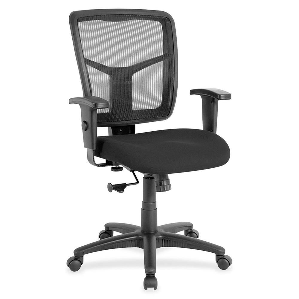 LLR8620935 - Managerial mid-back chair features a breathable mesh back chair and upholstered seat. Mesh upholstery is made of high-strength elastic nylon. Ergonomically designed mid-back matches the natural curvature of a person's back. Arms adjust in height (25" to 28-7/10") and in width (24" to 26"). Functions include pneumatic seat-height adjustment (17-7/10" to 21" high from the floor), 360-degree swivel and swivel tilt mechanism. Black frame has five-star, reinforced nylon base (25" diameter) with casters for easy mobility. Seat size is 20" wide x 18-7/10" depth. Back measures 20" wide (at the widest portion) x 19-7/10" high. Weight capacity is 250 lb. Chair meets the CA117 fire-retardant standard.