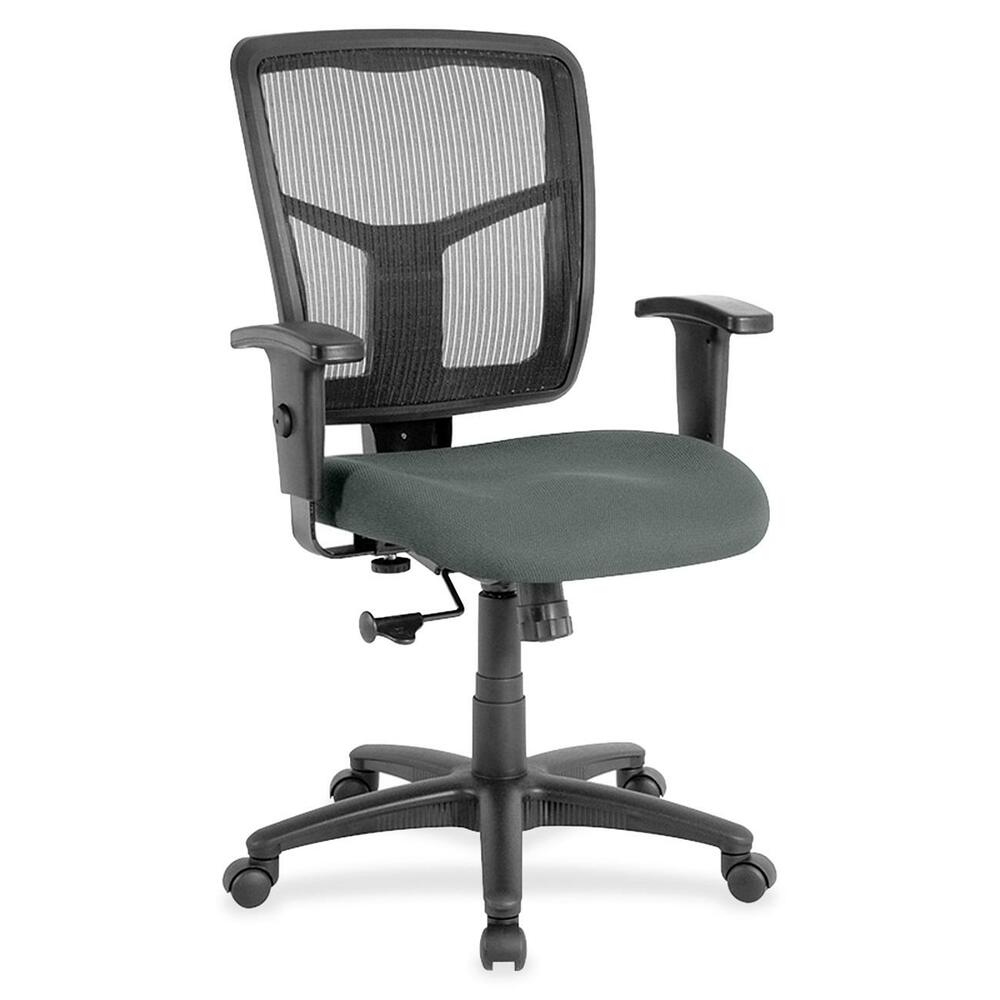 LLR8620932 - Managerial mid-back chair features a breathable mesh back chair and upholstered seat. Mesh upholstery is made of high-strength elastic nylon. Ergonomically designed mid-back matches the natural curvature of a person's back. Arms adjust in height (25" to 28-7/10") and in width (24" to 26"). Functions include pneumatic seat-height adjustment (17-7/10" to 21" high from the floor), 360-degree swivel and swivel tilt mechanism. Black frame has five-star, reinforced nylon base (25" diameter) with casters for easy mobility. Seat size is 20" wide x 18-7/10" depth. Back measures 20" wide (at the widest portion) x 19-7/10" high. Weight capacity is 250 lb. Chair meets the CA117 fire-retardant standard.