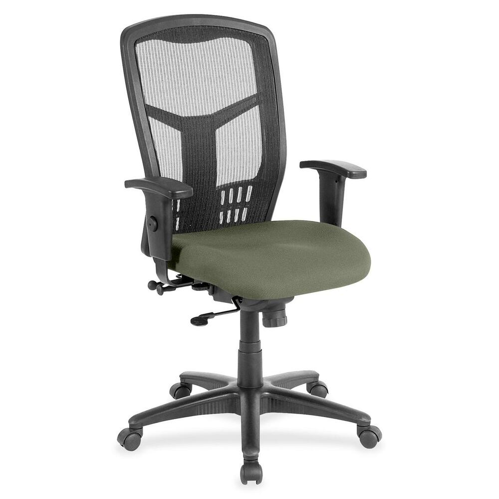 LLR8620585 - Executive High-back Swivel Chair cradles you during a hard day at work. Ergonomic mesh back supports the natural curvature of your back for less strain during work at the computer or meetings at your desk. Synchronized control tilt reclines the back at a 2-to-1 ratio to the seat angle so you can find the perfect position and relax. Adjust the seat at the depth you need with the seat-glide mechanism. It allows the cushioned, upholstered seat to travel forward, back and lock into your preferred position. Arms with polyurethane padding adjust in height and width. Other functions include pneumatic seat-height adjustment from 18" to 21-1/2" , 360-degree swivel and tilt tension. Five-star nylon base is equipped with smooth-rolling casters for easily moving the chair where needed. Weight capacity is 275 lb. High-back chair meets the CA117 fire-retardant standard.