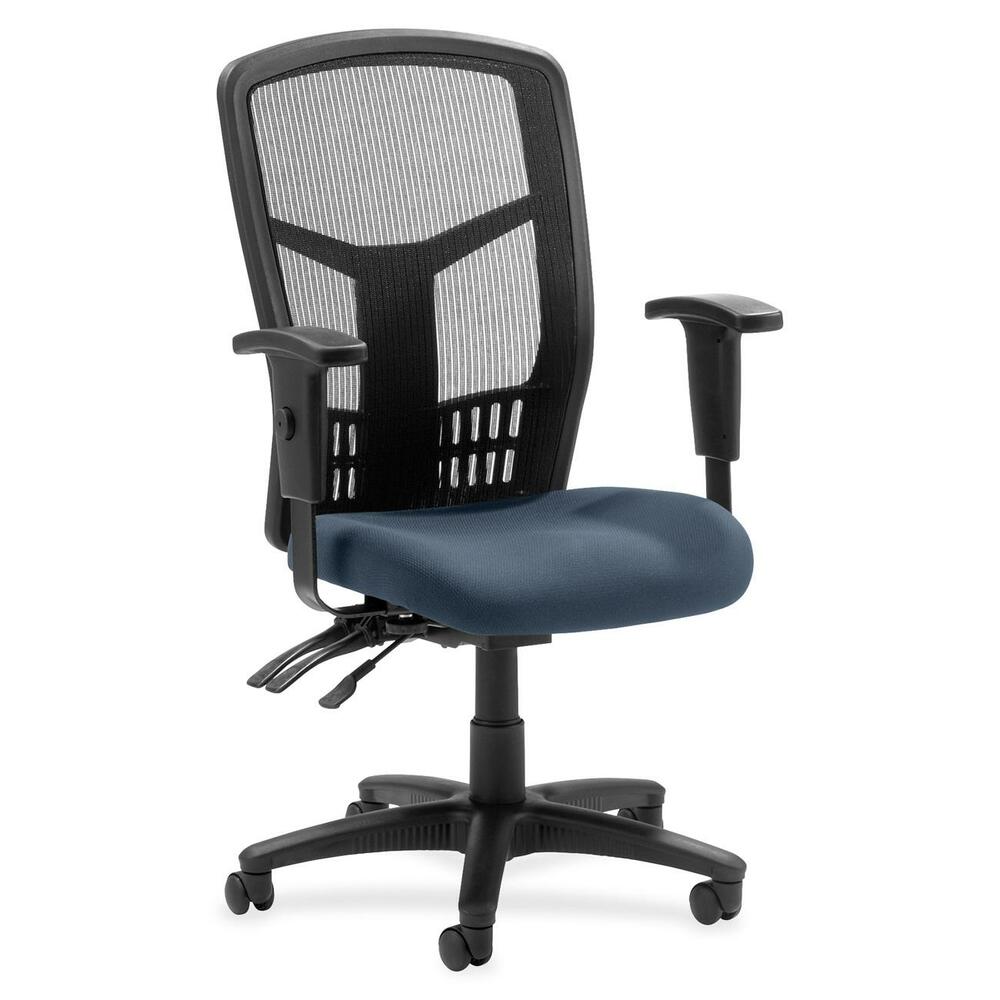 LLR8620084 - Executive High-back Mesh Chair cradles you during a hard day at work with a breathable mesh back and upholstered seat. The ergonomic mesh back supports the natural curvature of your back for less strain during work at the computer or meetings at your desk. Multifunction control adjusts seat and back angles independently with two levers for infinite locking within a fixed range. For more individualized comfort, arms adjust in height and width, and the seat height from floor adjusts from 17" to 21". High-back chair also swivels 360 degrees and tilts with the pivot point located directly above the center of the chair base. Five-star nylon base is equipped with smooth-rolling casters for easily moving the chair where needed. Weight capacity is 275 lb. High-back chair is available in black frame only and meets the CA117 fire-retardant standard.