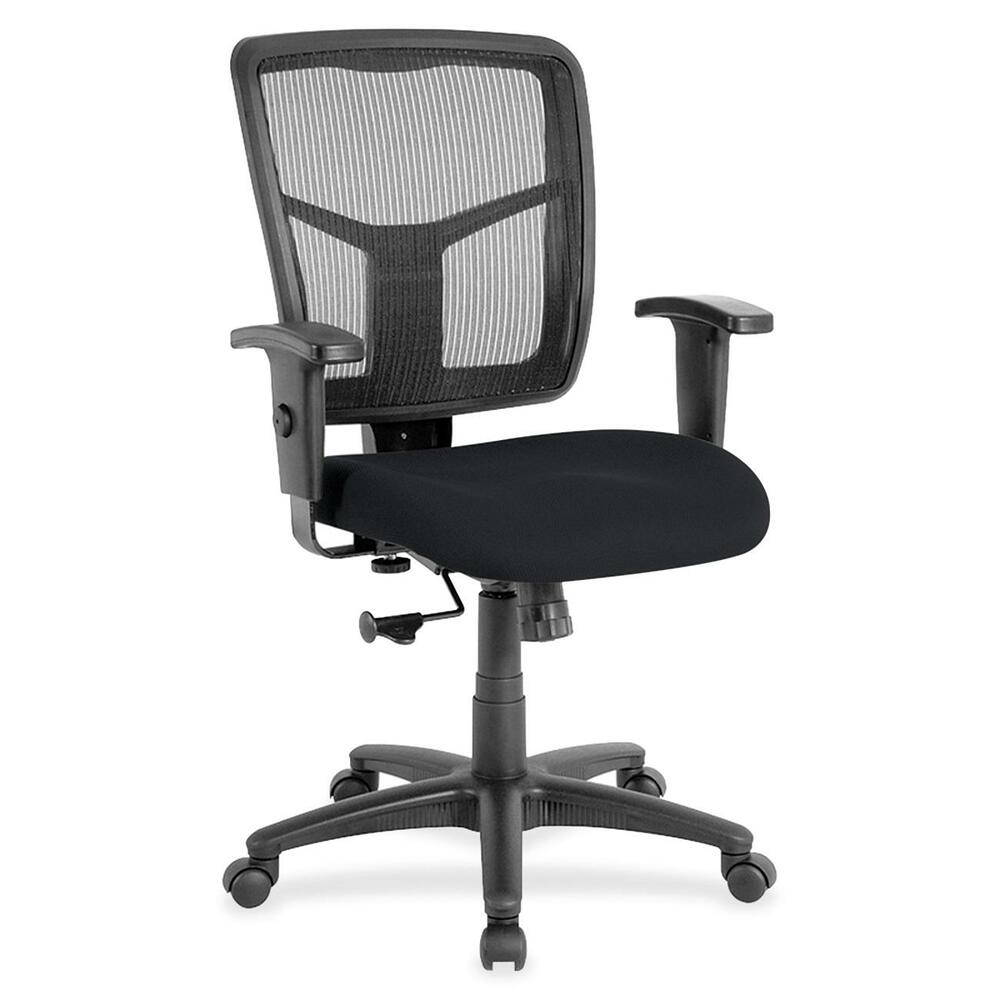 LLR8620949 - Managerial mid-back chair features a breathable mesh back chair and upholstered seat. Mesh upholstery is made of high-strength elastic nylon. Ergonomically designed mid-back matches the natural curvature of a person's back. Arms adjust in height (25" to 28-7/10") and in width (24" to 26"). Functions include pneumatic seat-height adjustment (17-7/10" to 21" high from the floor), 360-degree swivel and swivel tilt mechanism. Black frame has five-star, reinforced nylon base (25" diameter) with casters for easy mobility. Seat size is 20" wide x 18-7/10" depth. Back measures 20" wide (at the widest portion) x 19-7/10" high. Weight capacity is 250 lb. Chair meets the CA117 fire-retardant standard.