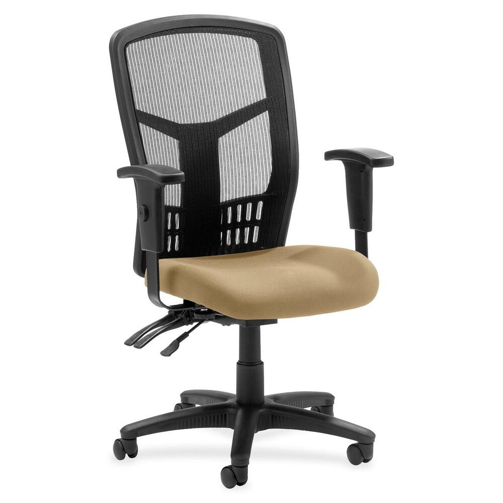 LLR8620062 - Executive High-back Mesh Chair cradles you during a hard day at work with a breathable mesh back and upholstered seat. The ergonomic mesh back supports the natural curvature of your back for less strain during work at the computer or meetings at your desk. Multifunction control adjusts seat and back angles independently with two levers for infinite locking within a fixed range. For more individualized comfort, arms adjust in height and width, and the seat height from floor adjusts from 17" to 21". High-back chair also swivels 360 degrees and tilts with the pivot point located directly above the center of the chair base. Five-star nylon base is equipped with smooth-rolling casters for easily moving the chair where needed. Weight capacity is 275 lb. High-back chair is available in black frame only and meets the CA117 fire-retardant standard.