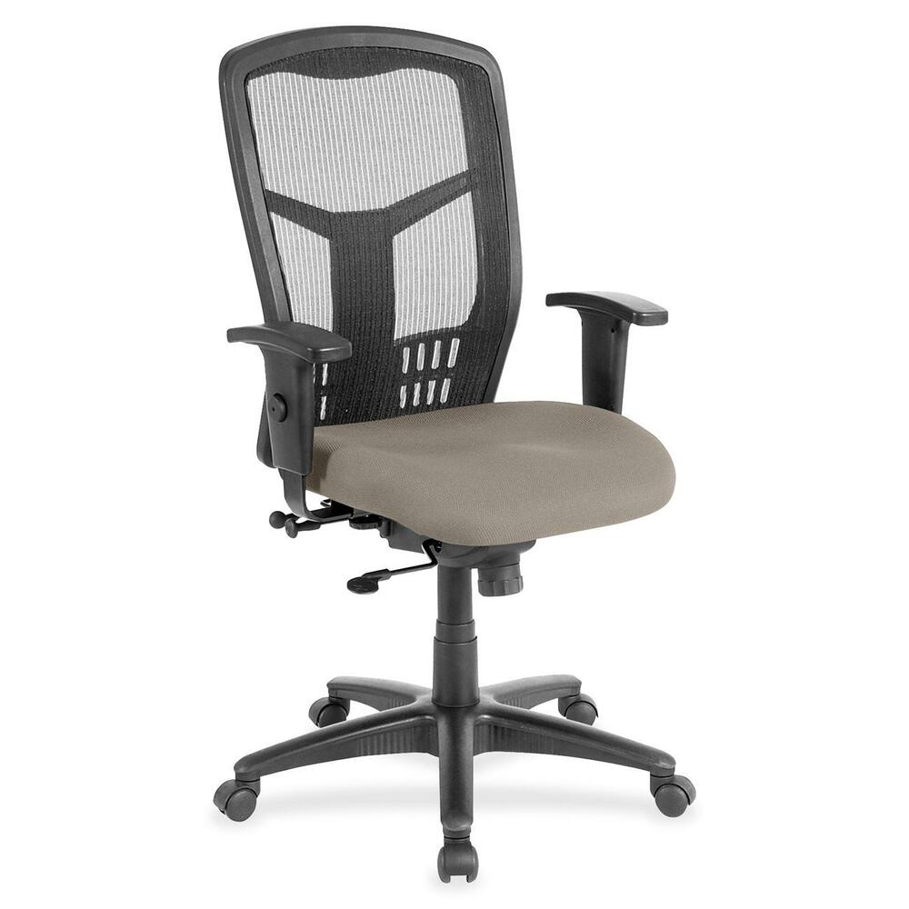 LLR8620551 - Executive High-back Swivel Chair cradles you during a hard day at work. Ergonomic mesh back supports the natural curvature of your back for less strain during work at the computer or meetings at your desk. Synchronized control tilt reclines the back at a 2-to-1 ratio to the seat angle so you can find the perfect position and relax. Adjust the seat at the depth you need with the seat-glide mechanism. It allows the cushioned, upholstered seat to travel forward, back and lock into your preferred position. Arms with polyurethane padding adjust in height and width. Other functions include pneumatic seat-height adjustment from 18" to 21-1/2" , 360-degree swivel and tilt tension. Five-star nylon base is equipped with smooth-rolling casters for easily moving the chair where needed. Weight capacity is 275 lb. High-back chair meets the CA117 fire-retardant standard.