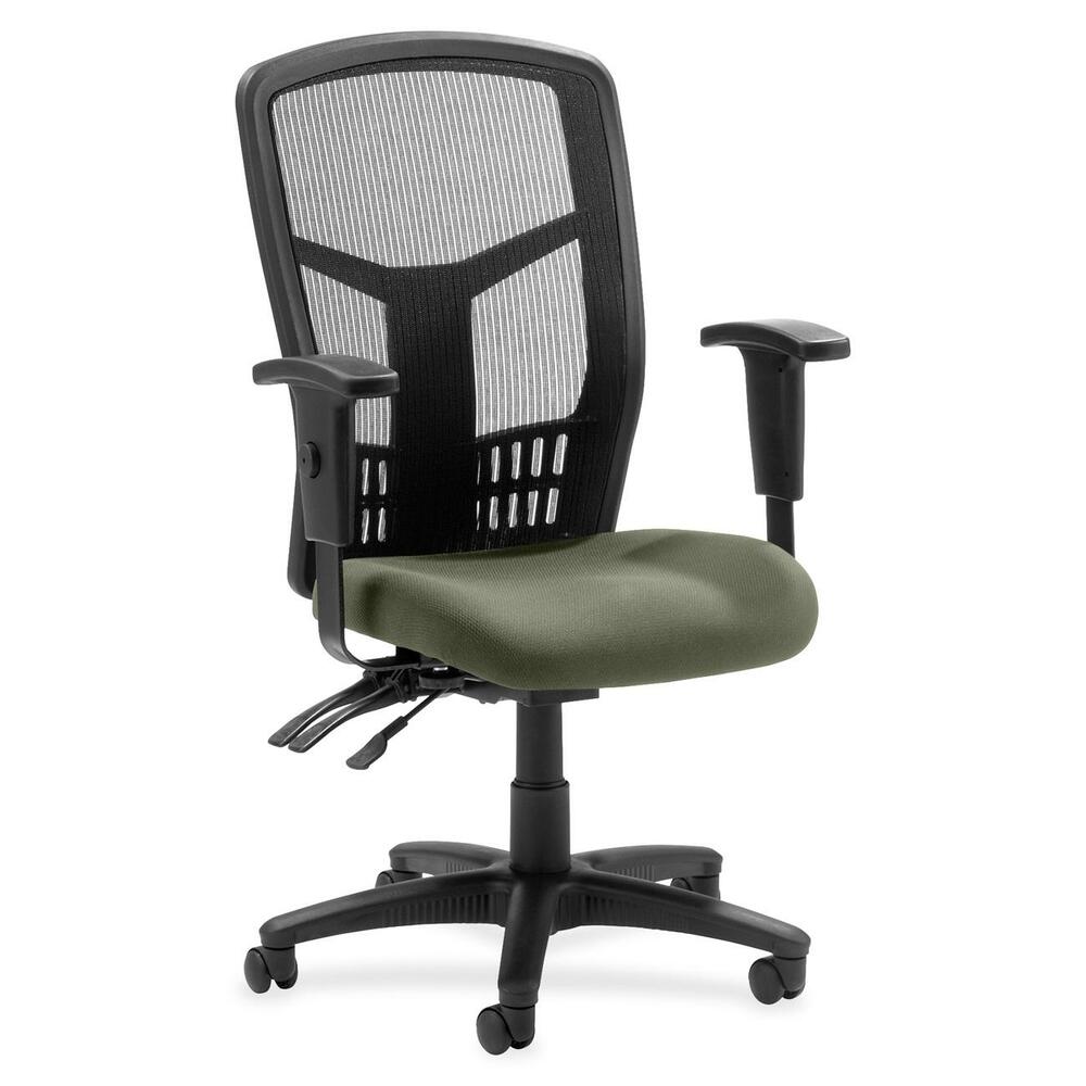 LLR8620085 - Executive High-back Mesh Chair cradles you during a hard day at work with a breathable mesh back and upholstered seat. The ergonomic mesh back supports the natural curvature of your back for less strain during work at the computer or meetings at your desk. Multifunction control adjusts seat and back angles independently with two levers for infinite locking within a fixed range. For more individualized comfort, arms adjust in height and width, and the seat height from floor adjusts from 17" to 21". High-back chair also swivels 360 degrees and tilts with the pivot point located directly above the center of the chair base. Five-star nylon base is equipped with smooth-rolling casters for easily moving the chair where needed. Weight capacity is 275 lb. High-back chair is available in black frame only and meets the CA117 fire-retardant standard.