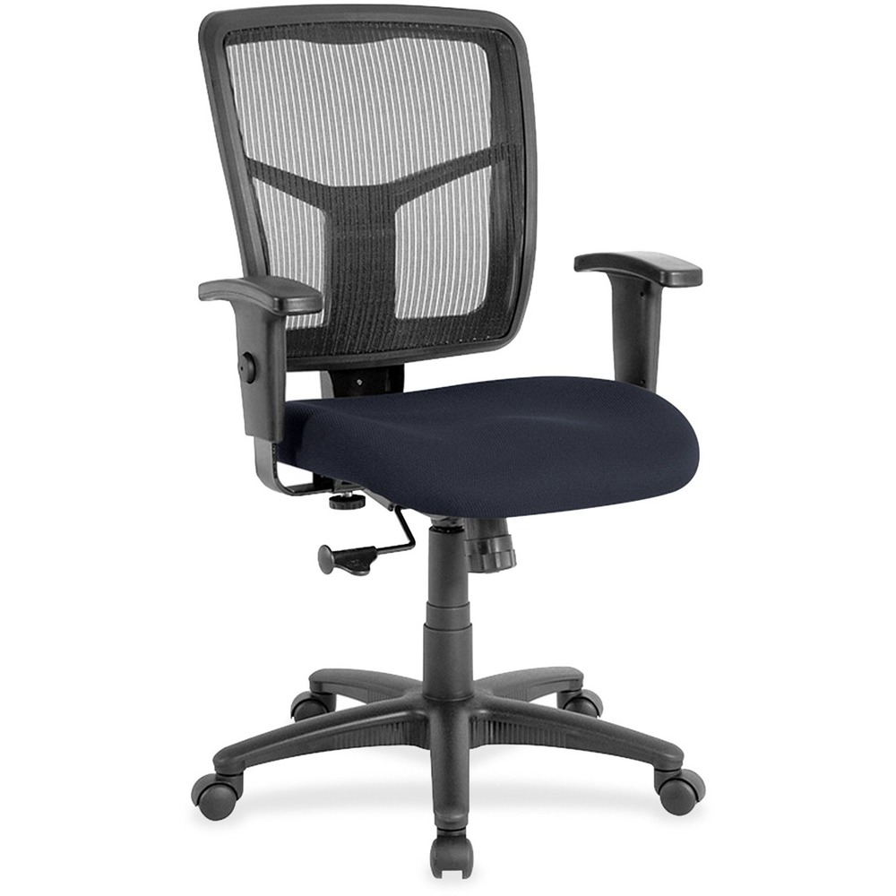 LLR8620966 - Managerial mid-back chair features a breathable mesh back chair and upholstered seat. Mesh upholstery is made of high-strength elastic nylon. Ergonomically designed mid-back matches the natural curvature of a person's back. Arms adjust in height (25" to 28-7/10") and in width (24" to 26"). Functions include pneumatic seat-height adjustment (17-7/10" to 21" high from the floor), 360-degree swivel and swivel tilt mechanism. Black frame has five-star, reinforced nylon base (25" diameter) with casters for easy mobility. Seat size is 20" wide x 18-7/10" depth. Back measures 20" wide (at the widest portion) x 19-7/10" high. Weight capacity is 250 lb. Chair meets the CA117 fire-retardant standard.