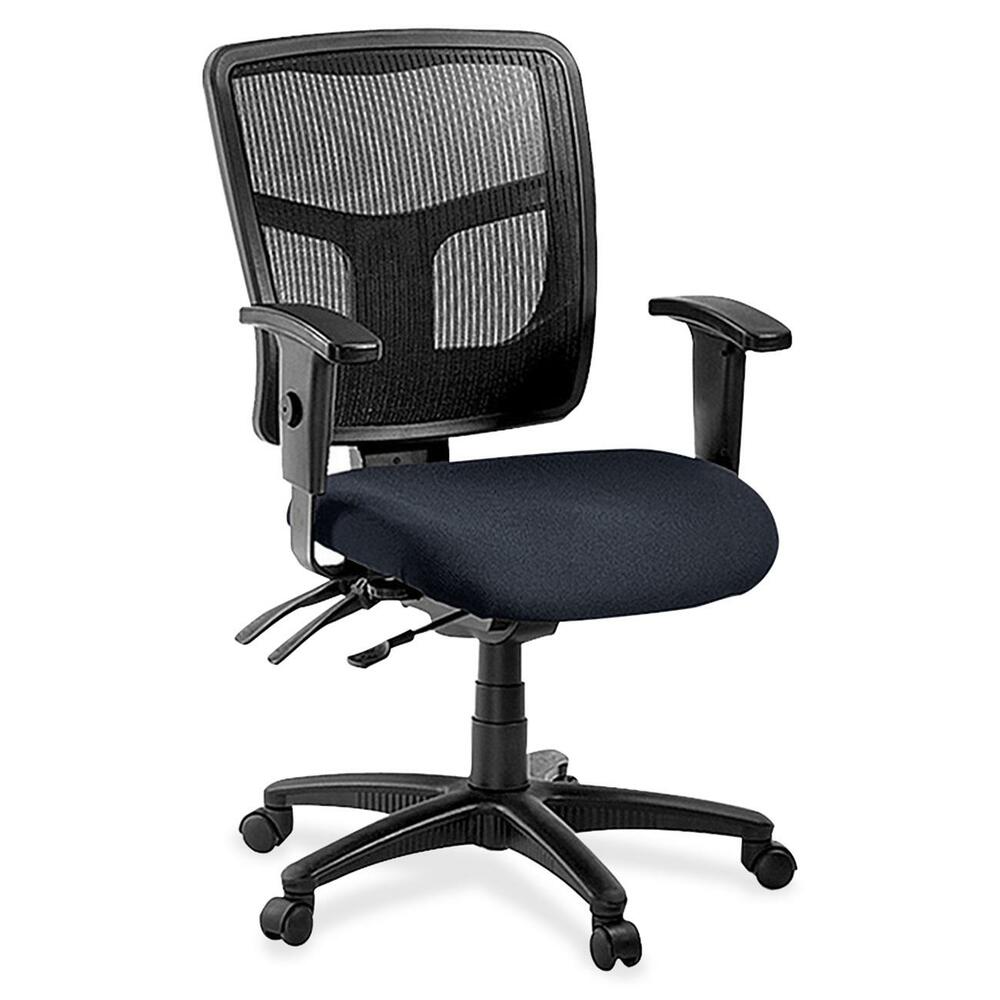 LLR8620166 - Managerial mid-back chair features a mesh back for conforming comfort. Ergonomic mid-back matches the natural curvature of a person's back. Arms adjust in height and width. Mid-back chair also offers a five-star nylon base, pneumatic seat-height adjustment (17" to 20-9/10" high from the floor), 360-degree swivel, back-height adjustment, tilt and asynchronous three-lever control. Frame is available in black only. Chair meets the CA117 fire-retardant standard and offers an abrasion rating of 60,000 double rubs (ASTM-D-4175).