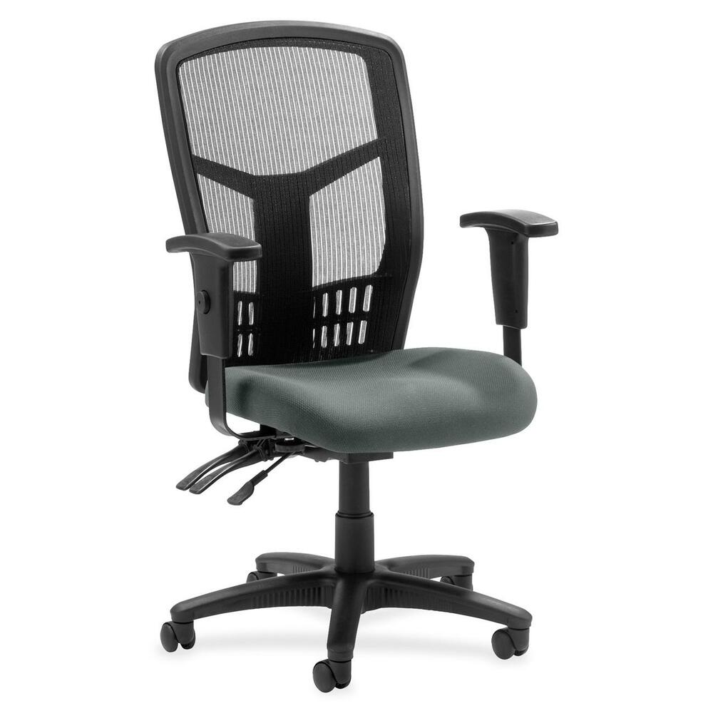 LLR8620032 - Executive High-back Mesh Chair cradles you during a hard day at work with a breathable mesh back and upholstered seat. The ergonomic mesh back supports the natural curvature of your back for less strain during work at the computer or meetings at your desk. Multifunction control adjusts seat and back angles independently with two levers for infinite locking within a fixed range. For more individualized comfort, arms adjust in height and width, and the seat height from floor adjusts from 17" to 21". High-back chair also swivels 360 degrees and tilts with the pivot point located directly above the center of the chair base. Five-star nylon base is equipped with smooth-rolling casters for easily moving the chair where needed. Weight capacity is 275 lb. High-back chair is available in black frame only and meets the CA117 fire-retardant standard.