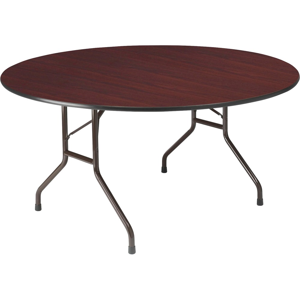 ICE55264 - Durable folding table is easy to transport, set up and store. The wear-resistant round top features a sealed underside to prevent moisture absorption. The 3/4" thick, melamine top also offers a mahogany laminate to match your stylish decor. Full-perimeter, steel skirt support with plastic corners protects the surface when stacking. 1" diameter, heavy-gauge steel legs feature heavy-duty, protective foot caps and gravity lock for stability. Weight capacity is 500 lb. evenly distributed.