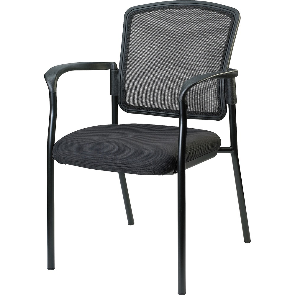 LLR23100 - Inviting guest chair features a breathable mesh back and cushioned seat upholstered in black fabric for comfortable seating in your waiting room or office. Chair is stackable up to four high for convenient, short-term or long-term storage. Black steel frame is powder-coated for durability. Weight capacity is 275 lb. The 3.5" thick seat measures 18.1" wide x 18.9" deep x 18.9" high. Back size 17.9" wide x 2" thick x 16.9" high. Chair is Greenguard complaint.