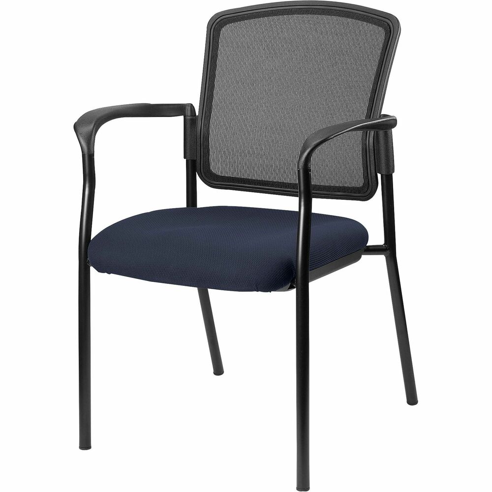 LLR2310001 - Inviting guest chair features a breathable mesh back and cushioned seat upholstered for comfortable seating in your waiting room or office. Chair is stackable up to four high for convenient, short-term or long-term storage. Black steel frame is powder-coated for durability. Weight capacity is 275 lb. The 3.5" thick seat measures 18.1" wide x 18.9" deep x 18.9" high. Back size 17.9" wide x 2" thick x 16.9" high. Chair is Greenguard compliant.