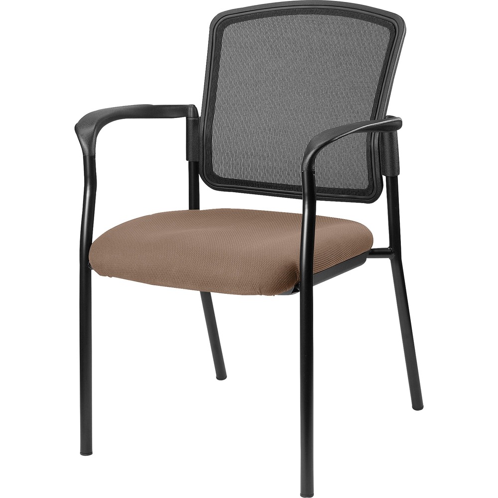 LLR2310003 - Inviting guest chair features a breathable mesh back and cushioned seat upholstered for comfortable seating in your waiting room or office. Chair is stackable up to four high for convenient, short-term or long-term storage. Black steel frame is powder-coated for durability. Weight capacity is 275 lb. The 3.5" thick seat measures 18.1" wide x 18.9" deep x 18.9" high. Back size 17.9" wide x 2" thick x 16.9" high. Chair is Greenguard compliant.