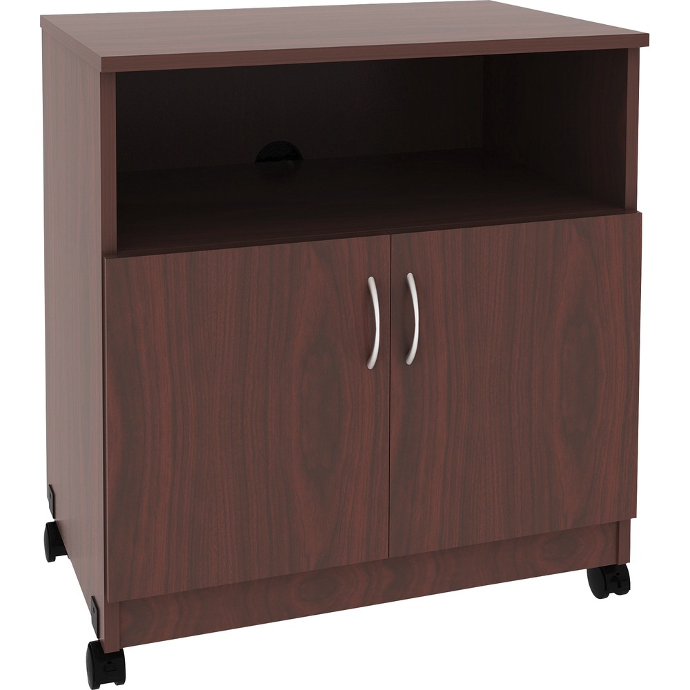 LLR60268 - Mobile machine stand offers a generous countertop that is sized to fit most office machines. Two doors with 96mm silver pull handles conceal a large storage compartment. Use the versatile open shelf above the compartment to store frequently used items. Design also features an 18mm mahogany finish and 2mm matched-color, PVC edgebanding. Machine stand rolls easily on four casters (two locking). More from the Manufacturer