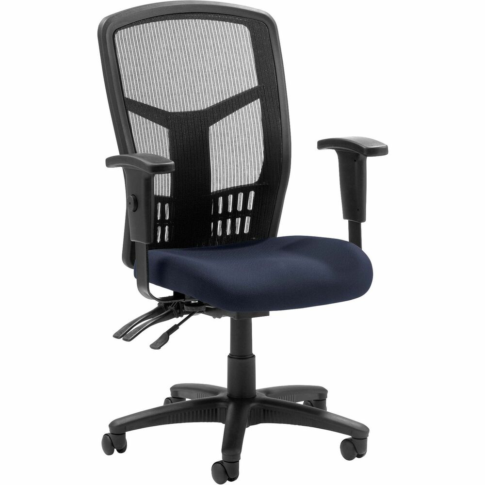 LLR8620001 - Executive High-back Mesh Chair cradles you during a hard day at work with a breathable mesh back and upholstered seat. The ergonomic mesh back supports the natural curvature of your back for less strain during work at the computer or meetings at your desk. Multifunction control adjusts seat and back angles independently with two levers for infinite locking within a fixed range. For more individualized comfort, arms adjust in height and width, and the seat height from floor adjusts from 17" to 21". High-back chair also swivels 360 degrees and tilts with the pivot point located directly above the center of the chair base. Five-star nylon base is equipped with smooth-rolling casters for easily moving the chair where needed. Weight capacity is 275 lb. High-back chair is available in black frame only and meets the CA117 fire-retardant standard.