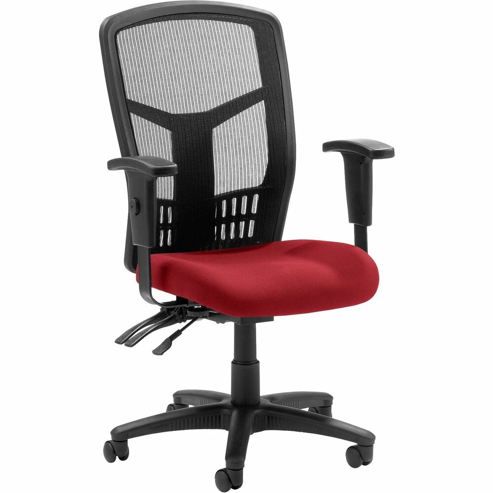 LLR8620002 - Executive High-back Mesh Chair cradles you during a hard day at work with a breathable mesh back and upholstered seat. The ergonomic mesh back supports the natural curvature of your back for less strain during work at the computer or meetings at your desk. Multifunction control adjusts seat and back angles independently with two levers for infinite locking within a fixed range. For more individualized comfort, arms adjust in height and width, and the seat height from floor adjusts from 17" to 21". High-back chair also swivels 360 degrees and tilts with the pivot point located directly above the center of the chair base. Five-star nylon base is equipped with smooth-rolling casters for easily moving the chair where needed. Weight capacity is 275 lb. High-back chair is available in black frame only and meets the CA117 fire-retardant standard.
