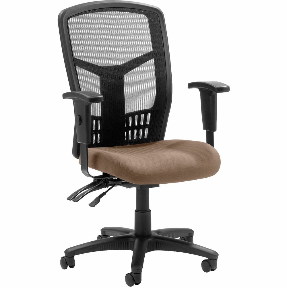 LLR8620003 - Executive High-back Mesh Chair cradles you during a hard day at work with a breathable mesh back and upholstered seat. The ergonomic mesh back supports the natural curvature of your back for less strain during work at the computer or meetings at your desk. Multifunction control adjusts seat and back angles independently with two levers for infinite locking within a fixed range. For more individualized comfort, arms adjust in height and width, and the seat height from floor adjusts from 17" to 21". High-back chair also swivels 360 degrees and tilts with the pivot point located directly above the center of the chair base. Five-star nylon base is equipped with smooth-rolling casters for easily moving the chair where needed. Weight capacity is 275 lb. High-back chair is available in black frame only and meets the CA117 fire-retardant standard.