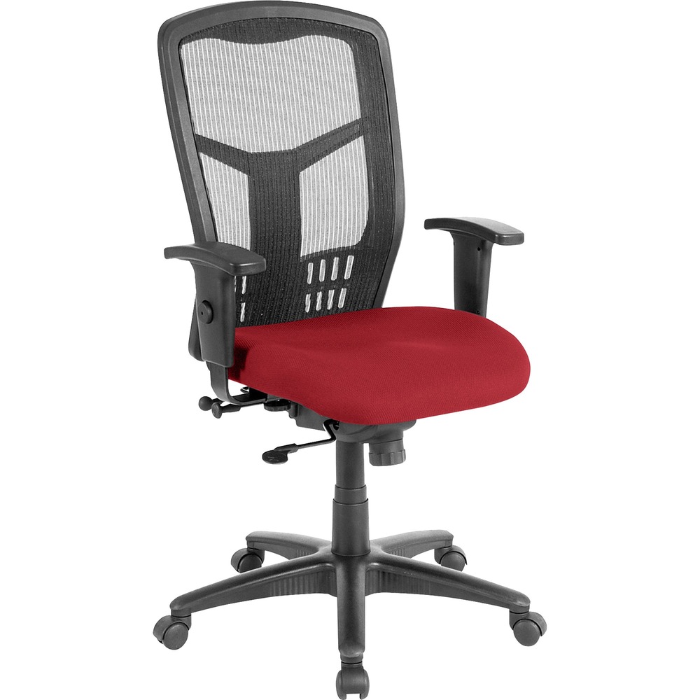 LLR8620502 - Executive High-back Swivel Chair cradles you during a hard day at work. Ergonomic mesh back supports the natural curvature of your back for less strain during work at the computer or meetings at your desk. Synchronized control tilt reclines the back at a 2-to-1 ratio to the seat angle so you can find the perfect position and relax. Adjust the seat at the depth you need with the seat-glide mechanism. It allows the cushioned, fabric-upholstered seat to travel forward, back and lock into your preferred position. Arms with polyurethane padding adjust in height and width. Other functions include pneumatic seat-height adjustment from 18" to 21-1/2" , 360-degree swivel and tilt tension. Five-star nylon base is equipped with smooth-rolling casters for easily moving the chair where needed. Weight capacity is 275 lb. High-back chair meets the CA117 fire-retardant standard.