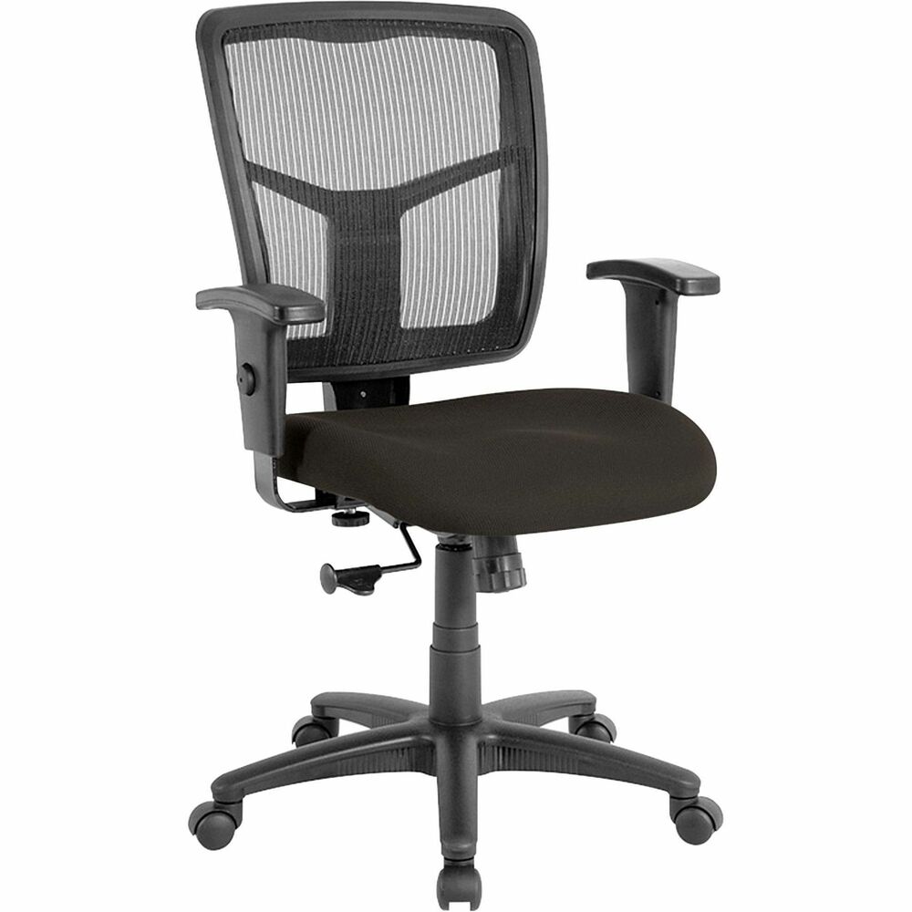 LLR8620904 - Managerial mid-back chair features a breathable mesh back chair and fabric-upholstered seat. Mesh upholstery is made of high-strength elastic nylon. Ergonomically designed mid-back matches the natural curvature of a person's back. Arms adjust in height (25" to 28-7/10") and in width (24" to 26"). Functions include pneumatic seat-height adjustment (17-7/10" to 21" high from the floor), 360-degree swivel and swivel tilt mechanism. Black frame has five-star, reinforced nylon base (25" diameter) with casters for easy mobility. Seat size is 20" wide x 18-7/10" depth. Back measures 20" wide (at the widest portion) x 19-7/10" high. Weight capacity is 250 lb. Chair meets the CA117 fire-retardant standard.