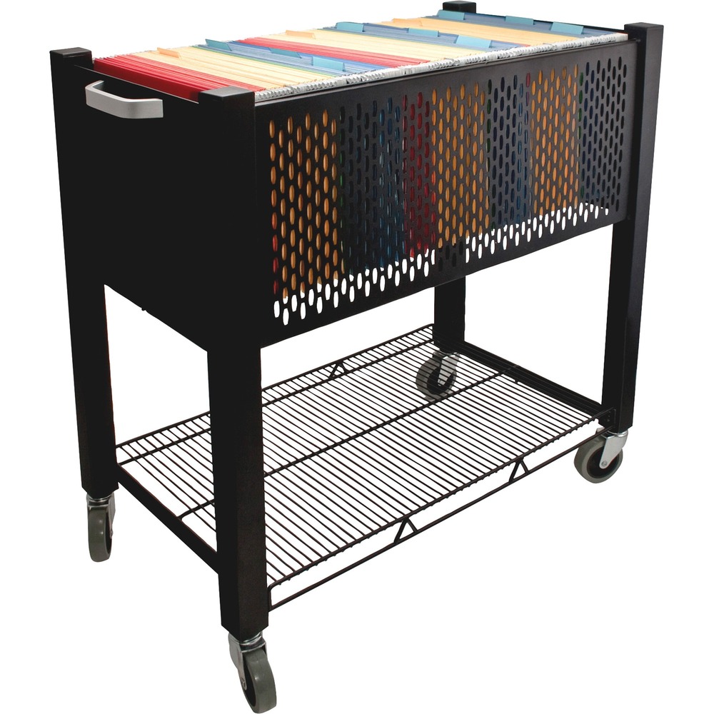 VRTVF53000 - InstaCart file cart assembles in seconds and requires no tools. Open top area accommodates letter-size, hanging file folders. Bottom shelf is open for stacking paper and supplies. 28" deep sturdy file cart is made of durable steel and wire construction. Use the pull handle on each end and four swivel casters to move the cart easily from location to location. Two of the 2-3/4" diameter casters lock to immobilize the cart for loading and unloading.