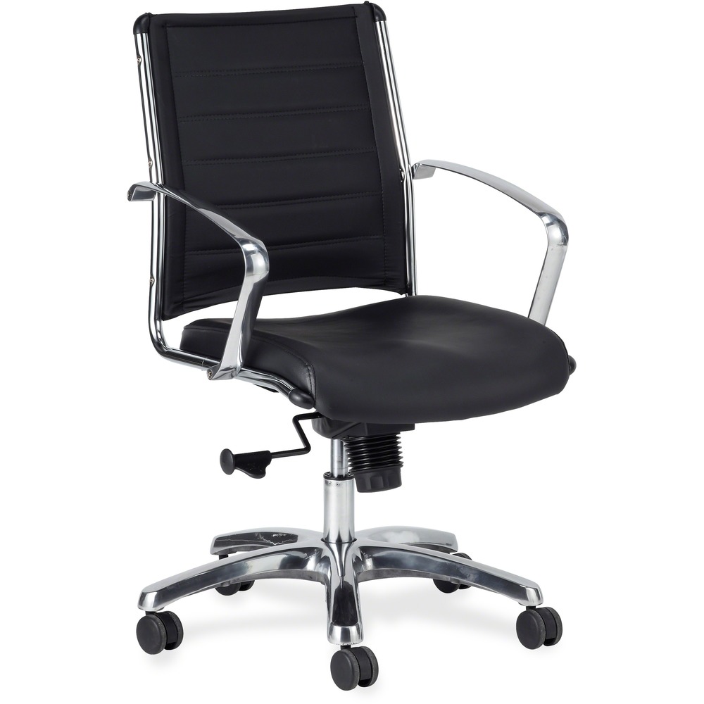 EUTLE822BLK - Europa Mid Back Chair provides maximum comfort, control and design in top-quality leather. Tilt-tension control with tilt lock allows you to adjust the recline rate based on your weight. Knee-tilt lets you tilt while keeping your feet on the floor by tilting the chair from a point close to the front of the seat. Seat-height adjustment permits you to set height to your desired position relative to the floor. Waterfall seat slopes to reduce pressure on the back of your knees for extra comfort. Classic, aluminum frame contrasts black leather for a chic look. Five-star base with casters provides easy mobility. Chair is Greenguard certified to emit low chemical emissions.
