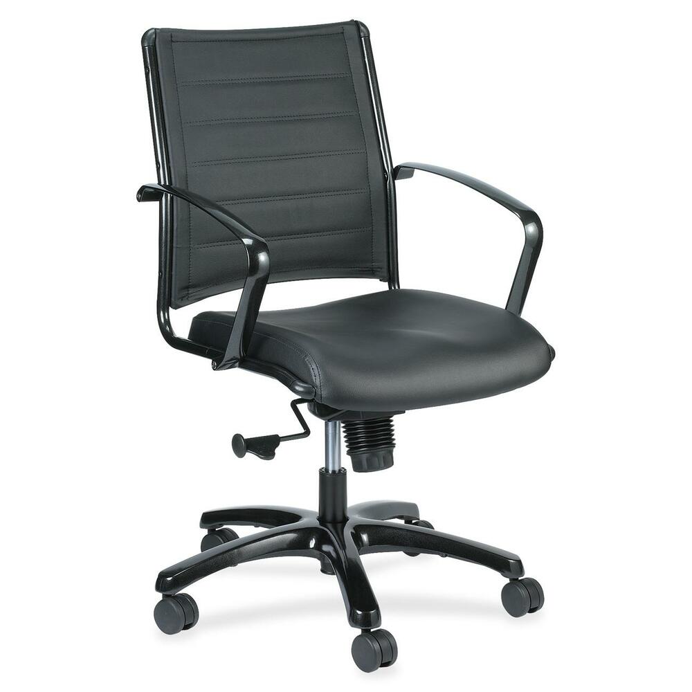 EUTLE222TNM - Europa Mid Back Chair provides maximum comfort, control and design in top-quality leather. Tilt-tension control with tilt lock allows you to adjust the recline rate based on your weight. Knee-tilt lets you tilt while keeping your feet on the floor by tilting the chair from a point close to the front of the seat. Seat-height adjustment permits you to set height to your desired position relative to the floor. Waterfall seat slopes to reduce pressure on the back of your knees for extra comfort. Unique, titanium frame complements the black leather for a chic look. Five-star base with casters provides easy mobility. Chair is Greenguard certified to emit low chemical emissions.