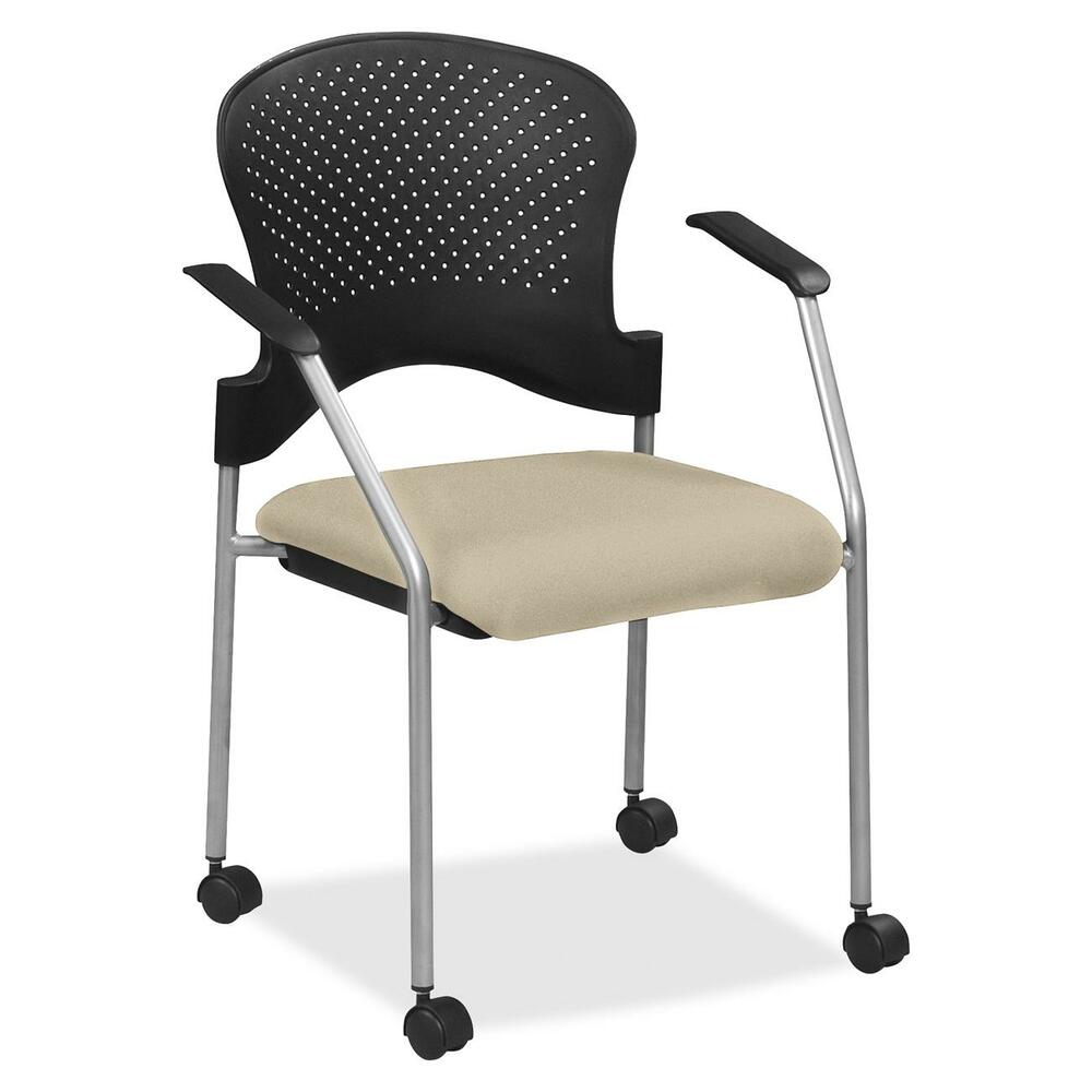 EUTFS827087 - Breeze Side Chair features a contemporary design, adding a modern touch to training rooms, boardrooms and more. Contoured back supports better posture for comfortable sitting during long periods. Fabric-upholstered, cushioned seat covers are made with soft-to-the-touch fabric, providing enhanced comfort. Armrests allow you to sit in a relaxed position. Powder-coated, steel tubing creates sturdy support and protects legs from chipping. Perforated back allows air to flow freely to help you stay cool. Included casters provide easy mobility.