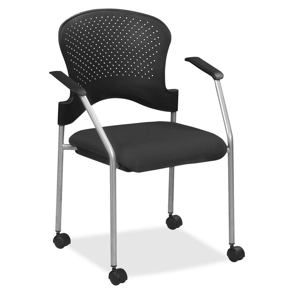 EUTFS827035 - Breeze Side Chair features a contemporary design, adding a modern touch to training rooms, boardrooms and more. Contoured back supports better posture for comfortable sitting during long periods. Fabric-upholstered, cushioned seat covers are made with soft-to-the-touch fabric, providing enhanced comfort. Armrests allow you to sit in a relaxed position. Powder-coated, steel tubing creates sturdy support and protects legs from chipping. Perforated back allows air to flow freely to help you stay cool. Included casters provide easy mobility.