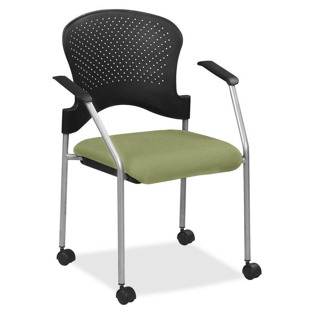 EUTFS827048 - Breeze Side Chair features a contemporary design, adding a modern touch to training rooms, boardrooms and more. Contoured back supports better posture for comfortable sitting during long periods. Fabric-upholstered, cushioned seat covers are made with soft-to-the-touch fabric, providing enhanced comfort. Armrests allow you to sit in a relaxed position. Powder-coated, steel tubing creates sturdy support and protects legs from chipping. Perforated back allows air to flow freely to help you stay cool. Included casters provide easy mobility.