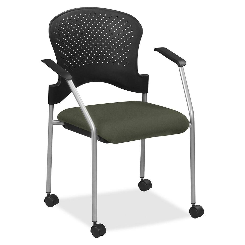EUTFS827067 - Breeze Side Chair features a contemporary design, adding a modern touch to training rooms, boardrooms and more. Contoured back supports better posture for comfortable sitting during long periods. Fabric-upholstered, cushioned seat covers are made with soft-to-the-touch fabric, providing enhanced comfort. Armrests allow you to sit in a relaxed position. Powder-coated, steel tubing creates sturdy support and protects legs from chipping. Perforated back allows air to flow freely to help you stay cool. Included casters provide easy mobility.