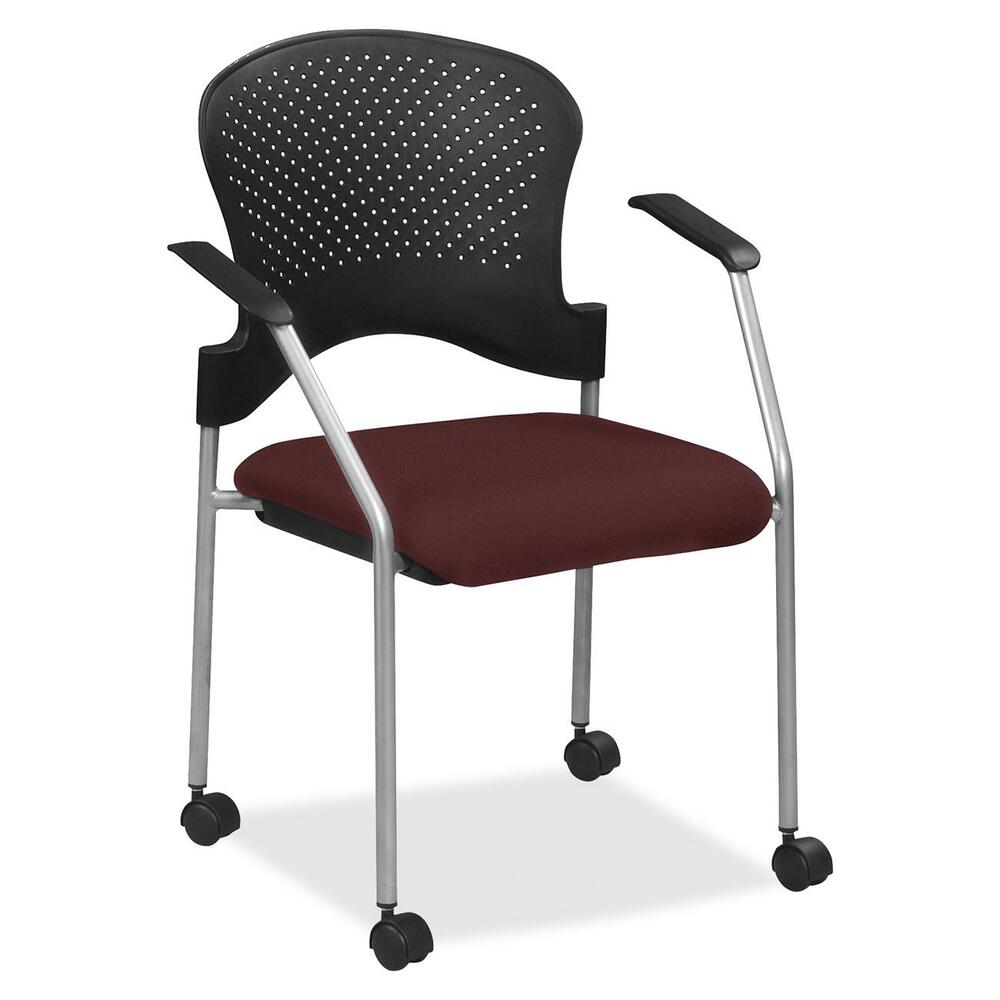 EUTFS827064 - Breeze Side Chair features a contemporary design, adding a modern touch to training rooms, boardrooms and more. Contoured back supports better posture for comfortable sitting during long periods. Fabric-upholstered, cushioned seat covers are made with soft-to-the-touch fabric, providing enhanced comfort. Armrests allow you to sit in a relaxed position. Powder-coated, steel tubing creates sturdy support and protects legs from chipping. Perforated back allows air to flow freely to help you stay cool. Included casters provide easy mobility.
