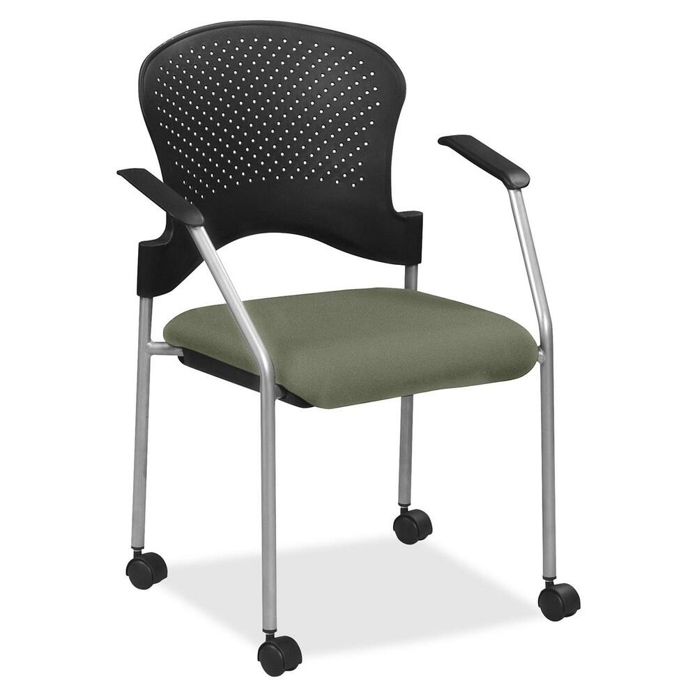 EUTFS827085 - Breeze Side Chair features a contemporary design, adding a modern touch to training rooms, boardrooms and more. Contoured back supports better posture for comfortable sitting during long periods. Fabric-upholstered, cushioned seat covers are made with soft-to-the-touch fabric, providing enhanced comfort. Armrests allow you to sit in a relaxed position. Powder-coated, steel tubing creates sturdy support and protects legs from chipping. Perforated back allows air to flow freely to help you stay cool. Included casters provide easy mobility.