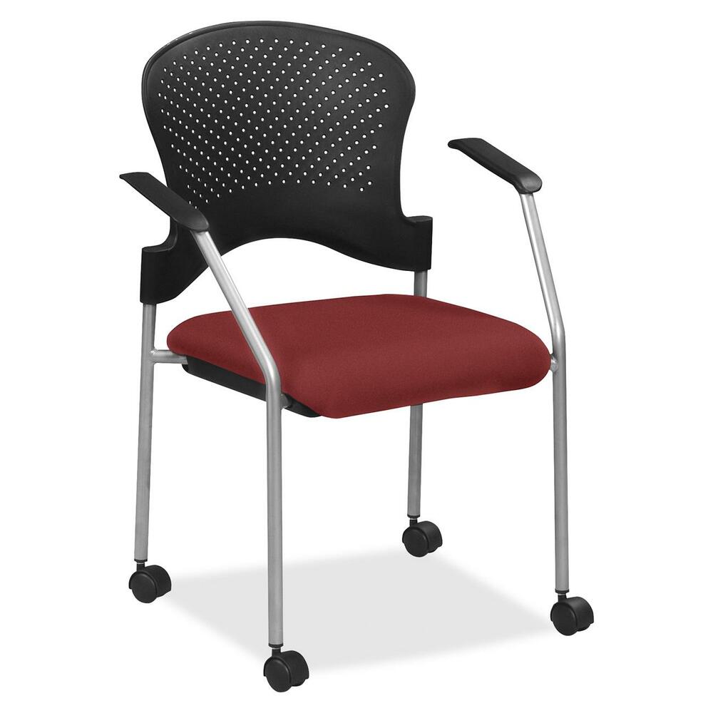EUTFS827031 - Breeze Side Chair features a contemporary design, adding a modern touch to training rooms, boardrooms and more. Contoured back supports better posture for comfortable sitting during long periods. Fabric-upholstered, cushioned seat covers are made with soft-to-the-touch fabric, providing enhanced comfort. Armrests allow you to sit in a relaxed position. Powder-coated, steel tubing creates sturdy support and protects legs from chipping. Perforated back allows air to flow freely to help you stay cool. Included casters provide easy mobility.