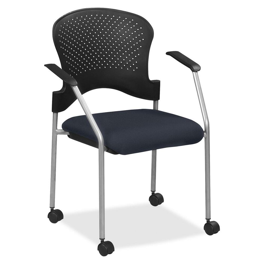 EUTFS827066 - Breeze Side Chair features a contemporary design, adding a modern touch to training rooms, boardrooms and more. Contoured back supports better posture for comfortable sitting during long periods. Fabric-upholstered, cushioned seat covers are made with soft-to-the-touch fabric, providing enhanced comfort. Armrests allow you to sit in a relaxed position. Powder-coated, steel tubing creates sturdy support and protects legs from chipping. Perforated back allows air to flow freely to help you stay cool. Included casters provide easy mobility.