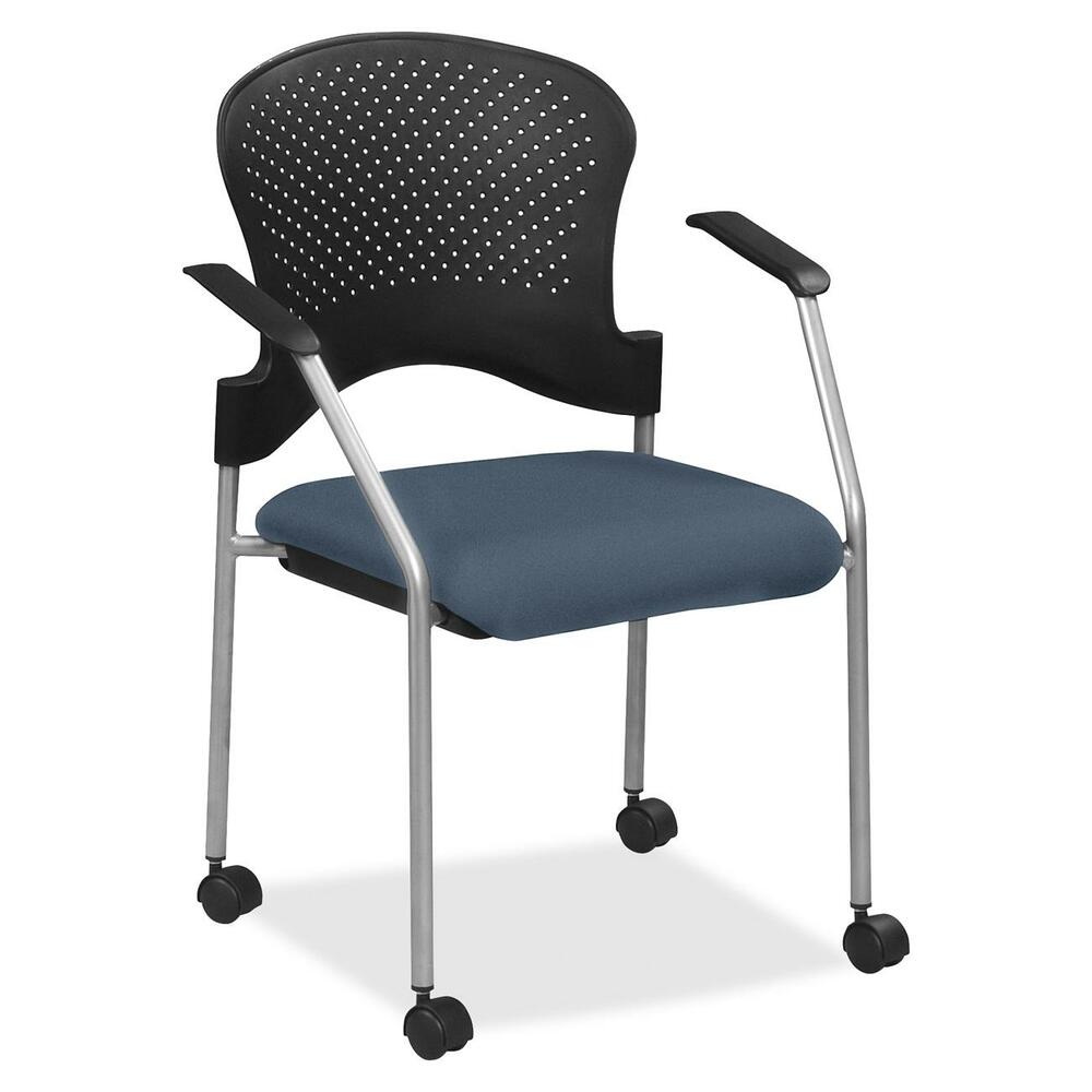 EUTFS827084 - Breeze Side Chair features a contemporary design, adding a modern touch to training rooms, boardrooms and more. Contoured back supports better posture for comfortable sitting during long periods. Fabric-upholstered, cushioned seat covers are made with soft-to-the-touch fabric, providing enhanced comfort. Armrests allow you to sit in a relaxed position. Powder-coated, steel tubing creates sturdy support and protects legs from chipping. Perforated back allows air to flow freely to help you stay cool. Included casters provide easy mobility.