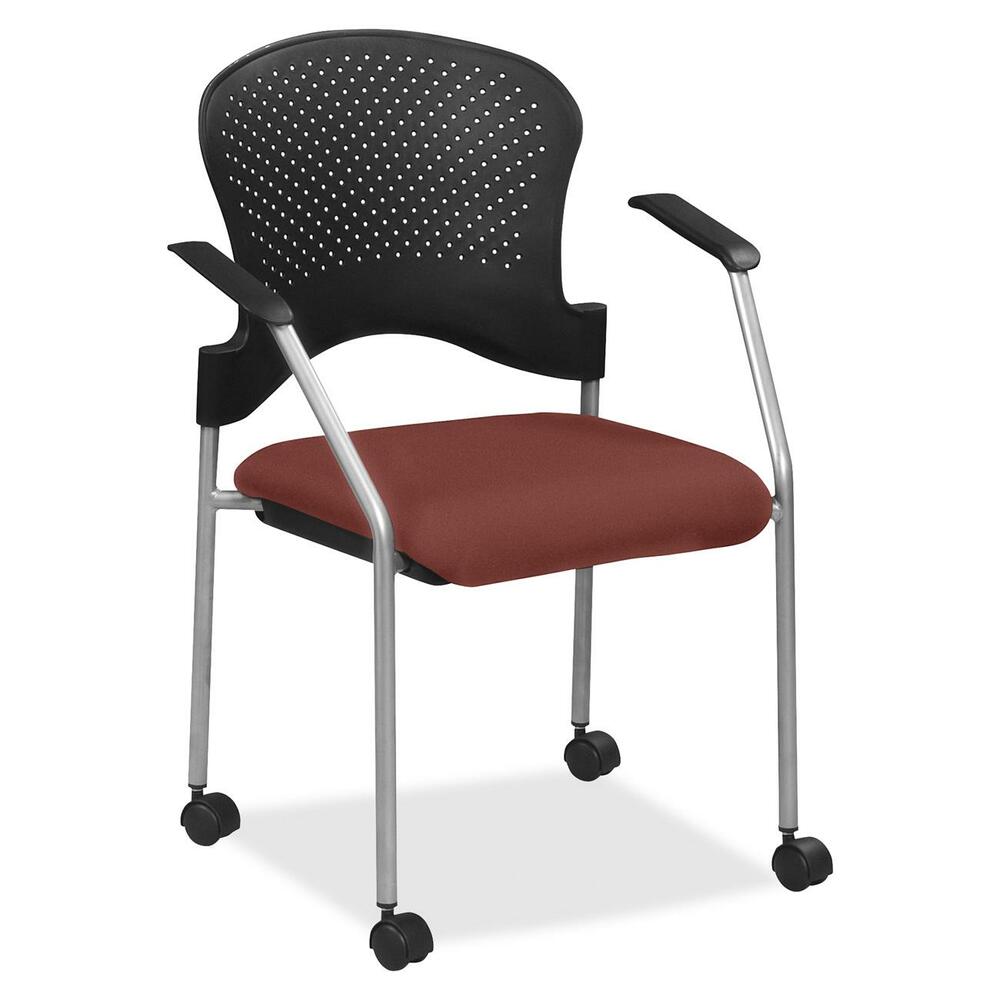 EUTFS827026 - Breeze Side Chair features a contemporary design, adding a modern touch to training rooms, boardrooms and more. Contoured back supports better posture for comfortable sitting during long periods. Fabric-upholstered, cushioned seat covers are made with soft-to-the-touch fabric, providing enhanced comfort. Armrests allow you to sit in a relaxed position. Powder-coated, steel tubing creates sturdy support and protects legs from chipping. Perforated back allows air to flow freely to help you stay cool. Included casters provide easy mobility.