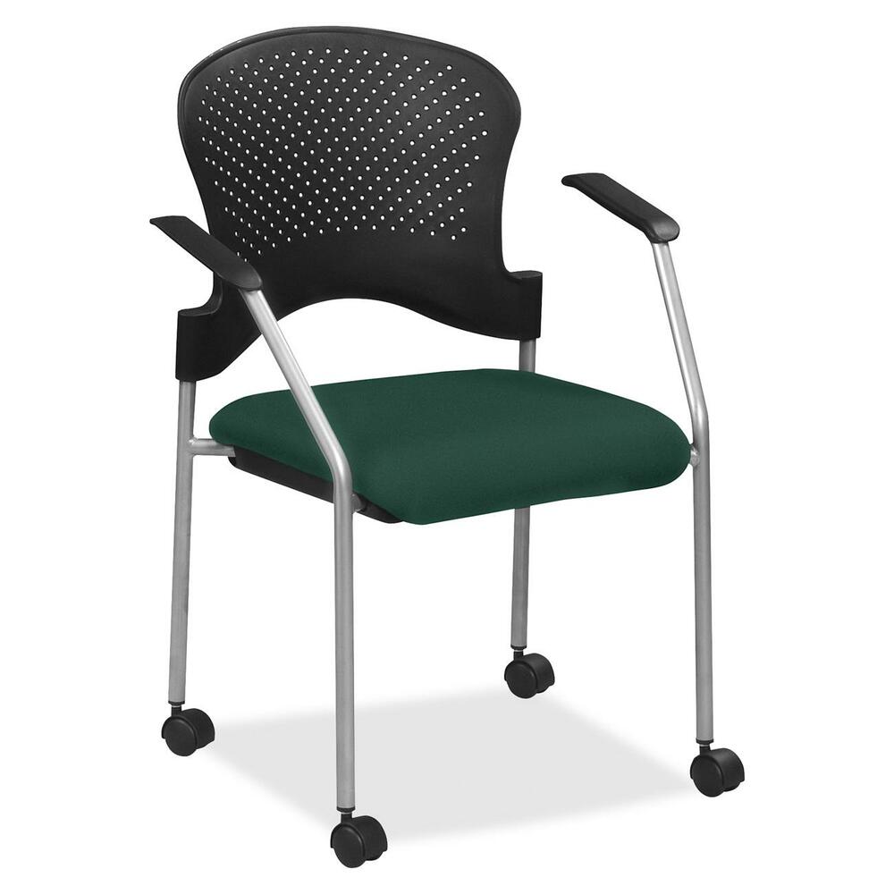 EUTFS827050 - Breeze Side Chair features a contemporary design, adding a modern touch to training rooms, boardrooms and more. Contoured back supports better posture for comfortable sitting during long periods. Fabric-upholstered, cushioned seat covers are made with soft-to-the-touch fabric, providing enhanced comfort. Armrests allow you to sit in a relaxed position. Powder-coated, steel tubing creates sturdy support and protects legs from chipping. Perforated back allows air to flow freely to help you stay cool. Included casters provide easy mobility.