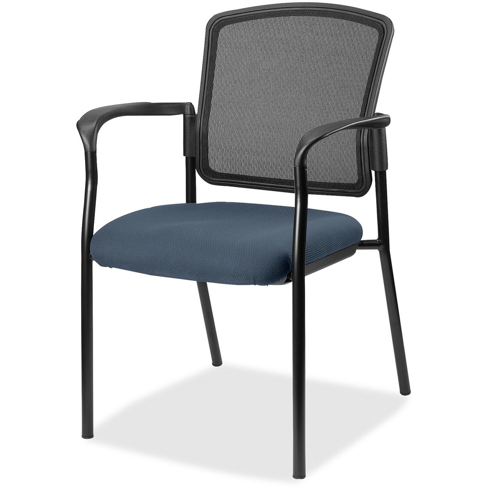 LLR2310084 - Inviting guest chair features a breathable mesh back and cushioned seat upholstered for comfortable seating in your waiting room or office. Chair is stackable up to four high for convenient, short-term or long-term storage. Black steel frame is powder-coated for durability. Weight capacity is 275 lb. The 3.5" thick seat measures 18.1" wide x 18.9" deep x 18.9" high. Back size 17.9" wide x 2" thick x 16.9" high. Chair is Greenguard compliant.
