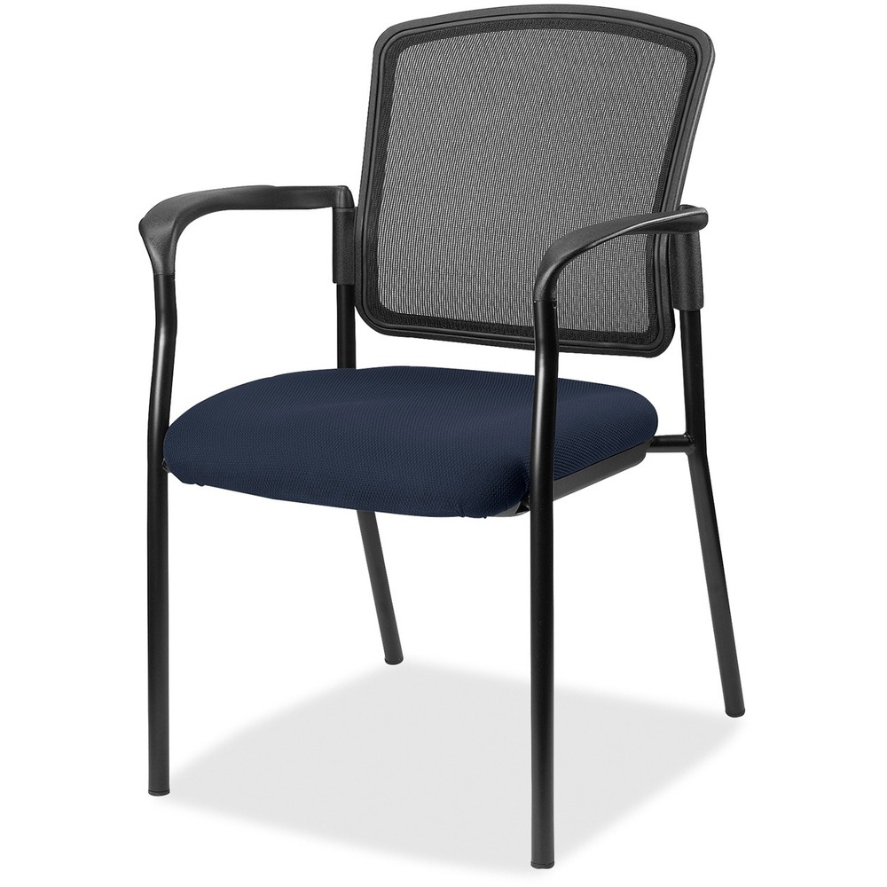 LLR2310043 - Inviting guest chair features a breathable mesh back and cushioned seat upholstered for comfortable seating in your waiting room or office. Chair is stackable up to four high for convenient, short-term or long-term storage. Black steel frame is powder-coated for durability. Weight capacity is 275 lb. The 3.5" thick seat measures 18.1" wide x 18.9" deep x 18.9" high. Back size 17.9" wide x 2" thick x 16.9" high. Chair is Greenguard compliant.