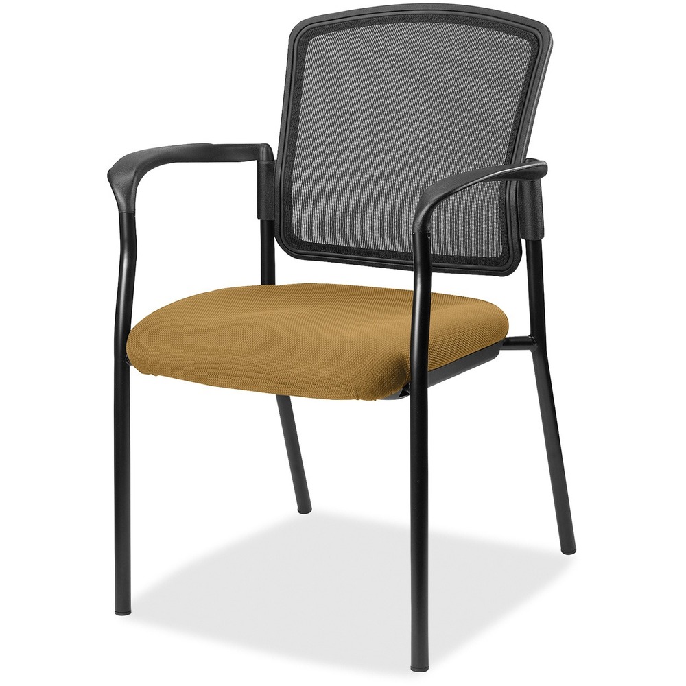 LLR2310029 - Inviting guest chair features a breathable mesh back and cushioned seat upholstered in Canyon Nugget vinyl for comfortable seating in your waiting room or office. Antimicrobial vinyl seat protects the upholstery from germs and prolong its life. Chair is stackable up to four high for convenient, short-term or long-term storage. Black steel frame is powder-coated for durability. Weight capacity is 275 lb. The 3.5" thick seat measures 18.1" wide x 18.9" deep x 18.9" high. Back size 17.9" wide x 2" thick x 16.9" high. Chair is Greenguard complaint.